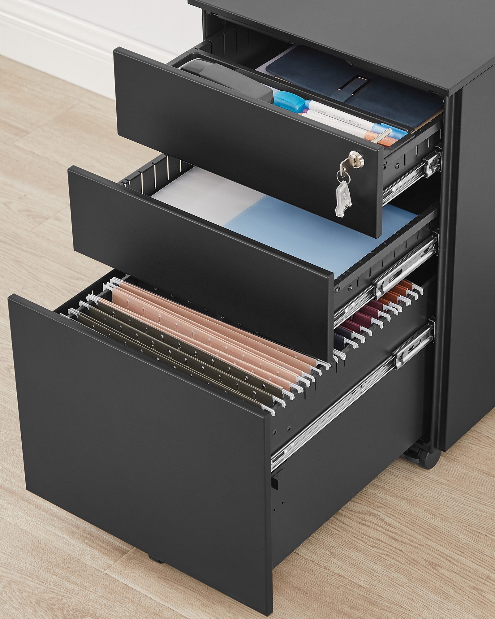 SONGMICS Aktenschrank Rollcontainer unter Schreibtisch 45 x 30 x 60 cm, mit 3 Schublade, vormontiert, mit Hängeregistratur – Bild 4 von 5