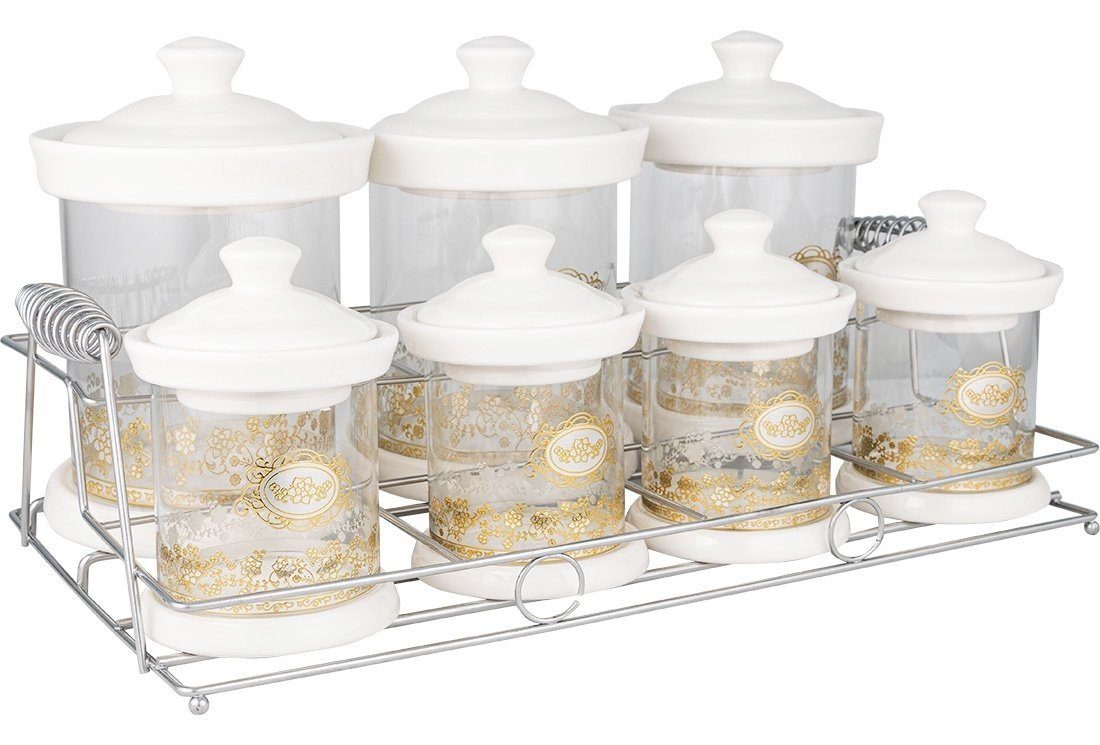 Almina Gewürzbehälter 7-er, Gewürz-Set, Gewürzbehälter, Weiß, Aus Glas & Porzellan, Glas, Porzellan, (8-tlg)