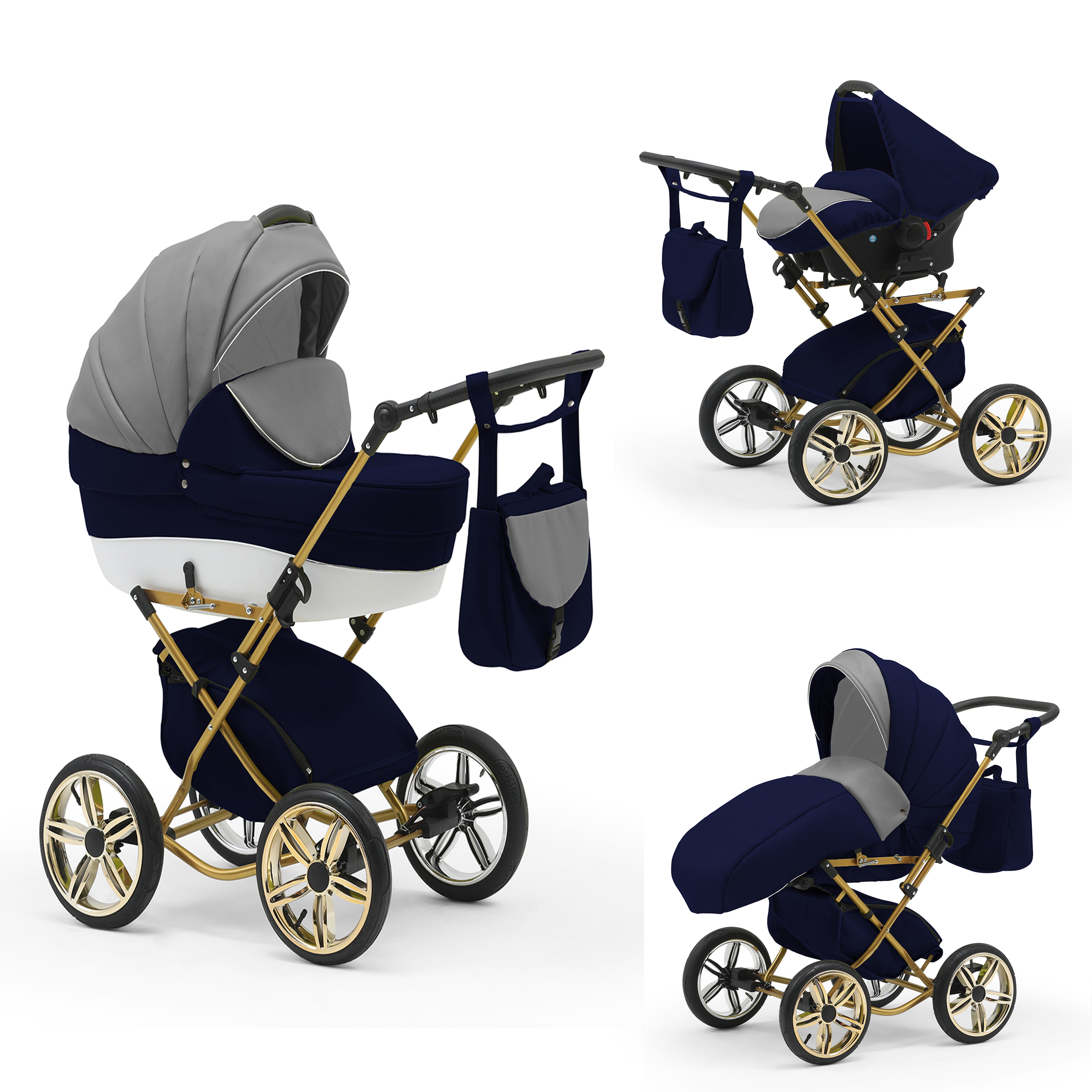 babies-on-wheels Kombi-Kinderwagen Sorento 3 in 1 inkl. Autositz - 13 Teile - in 10 Designs Grau-Navy-Weiß