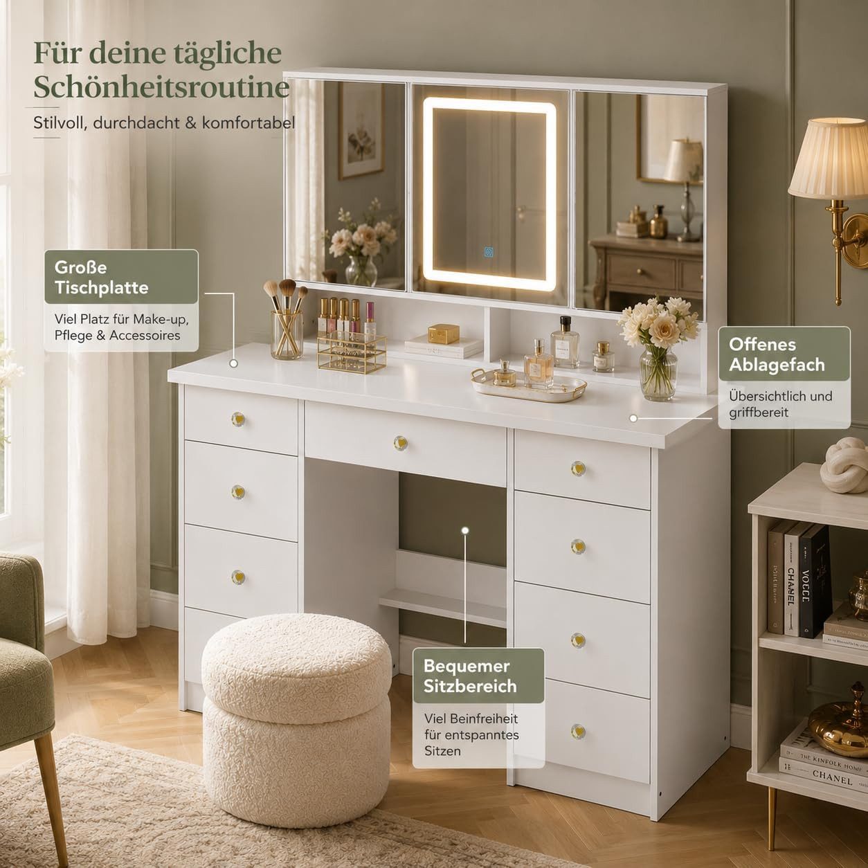 FUFU&GAGA Schminktisch 100-110cm LED-Spiegel Frisiertisch Weiß, Schubladen – Bild 2 von 5