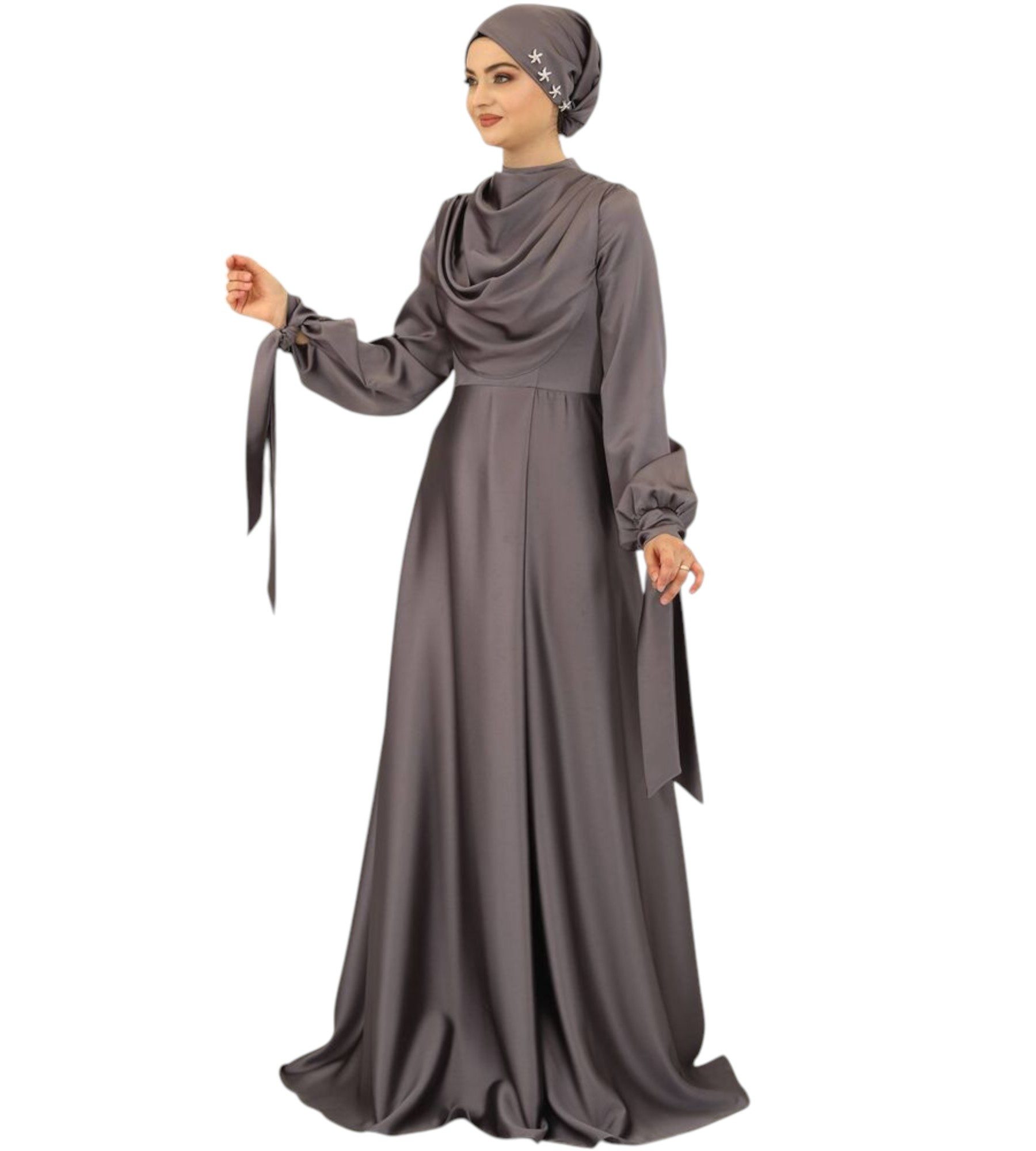 fashionshowcase Abendkleid Damen Maxikleid Satinkleid langarm Modest Fashion
