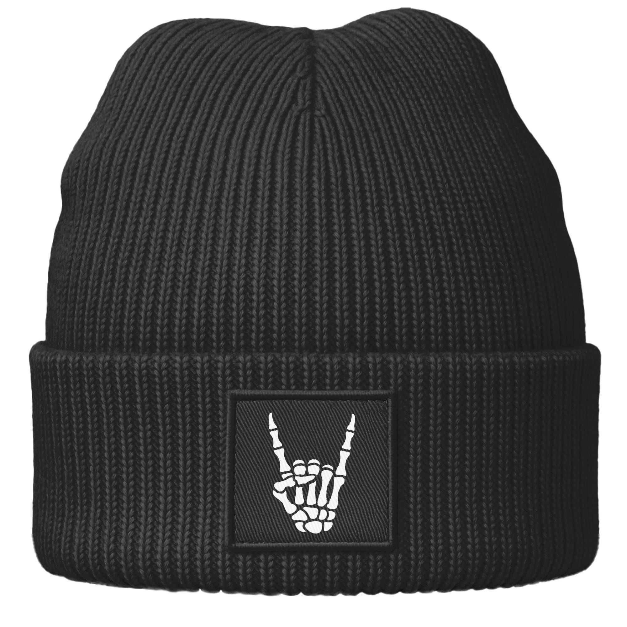 Strickmütze Herren Beanie Patch Aufdruck Skeletthand Metalgruss Strickmütze mit