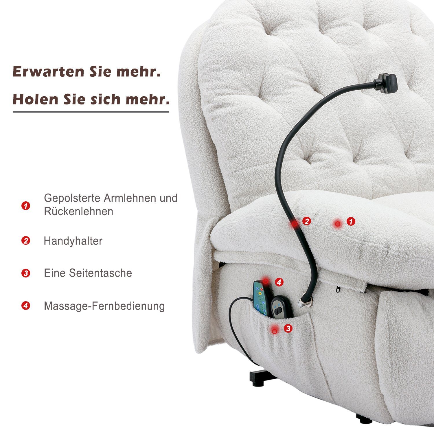 Relaxsessel Weiß mit TV-Sessel mit Wärmefunktion, mit Massagesessel und Aufstehhilfe Fernbedienung, Handyhalterung, Vibration Merax