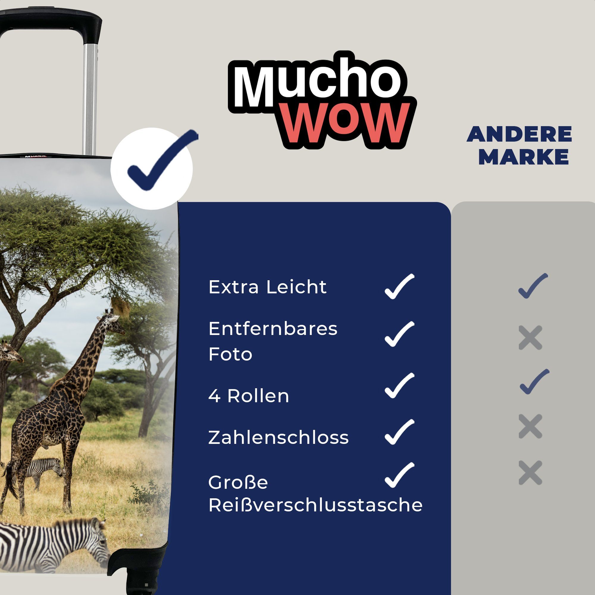 Handgepäck 4 der in Handgepäckkoffer mit Giraffen des, und Trolley, Reisekoffer Savanne Reisetasche für Ferien, Rollen, Zebras gemeinsam rollen, MuchoWow
