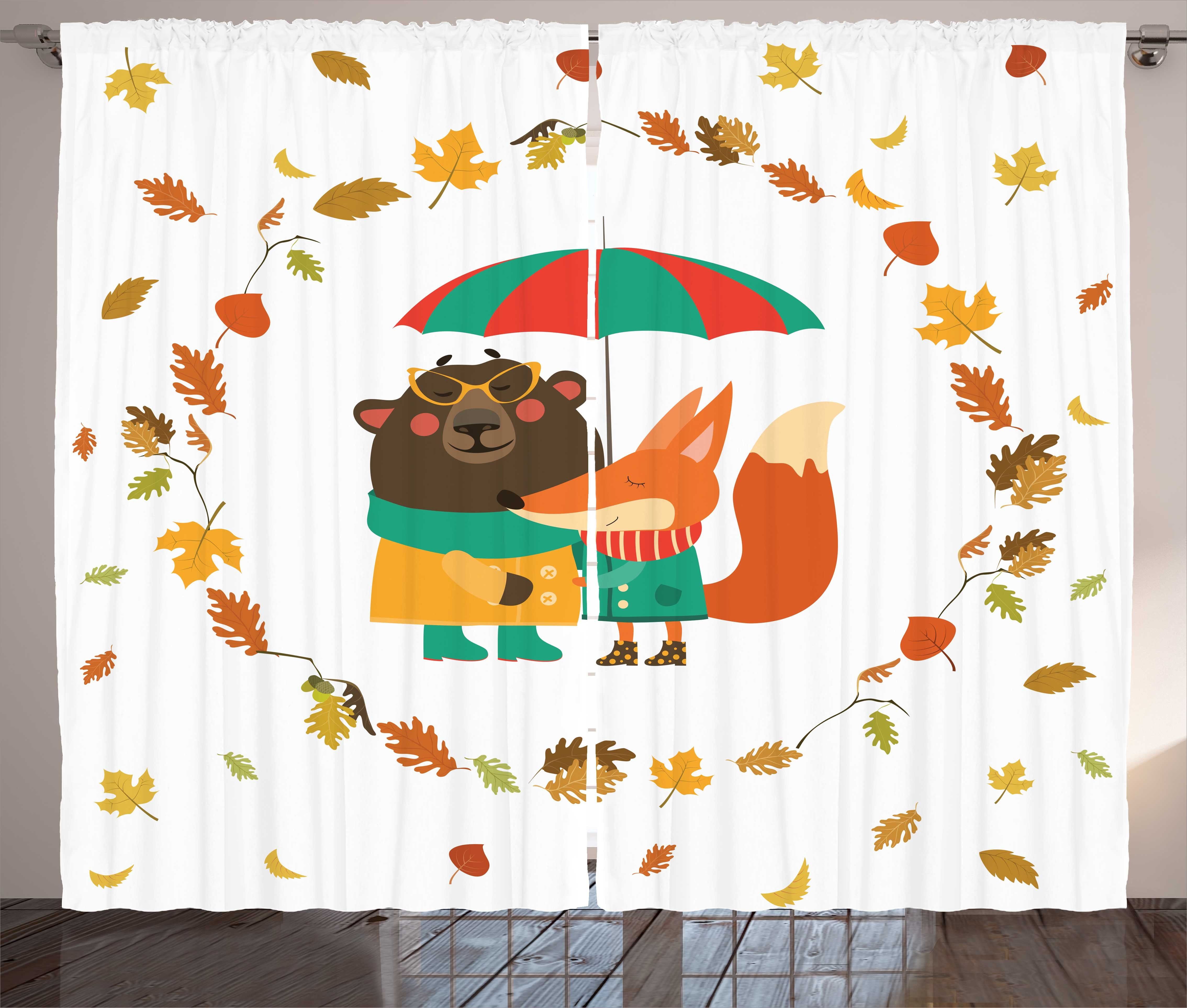 Gardine Schlafzimmer Kräuselband Vorhang mit Schlaufen und Haken, Abakuhaus, forest Friends Autumn Fox und Bär