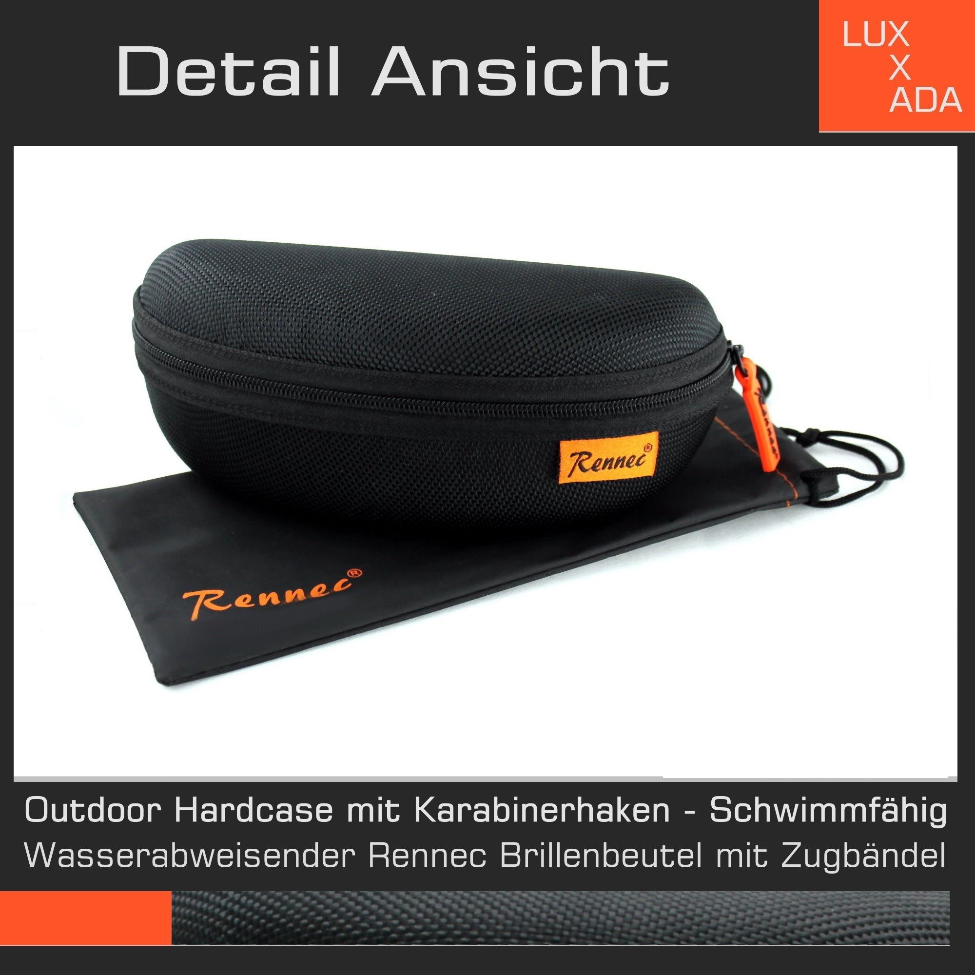 Rennec Sonnenbrille (Herren Markenbrille Schwarz mit Brillenbox) Schmale Edelstahl Brille mit Federscharniere an den Bügeln