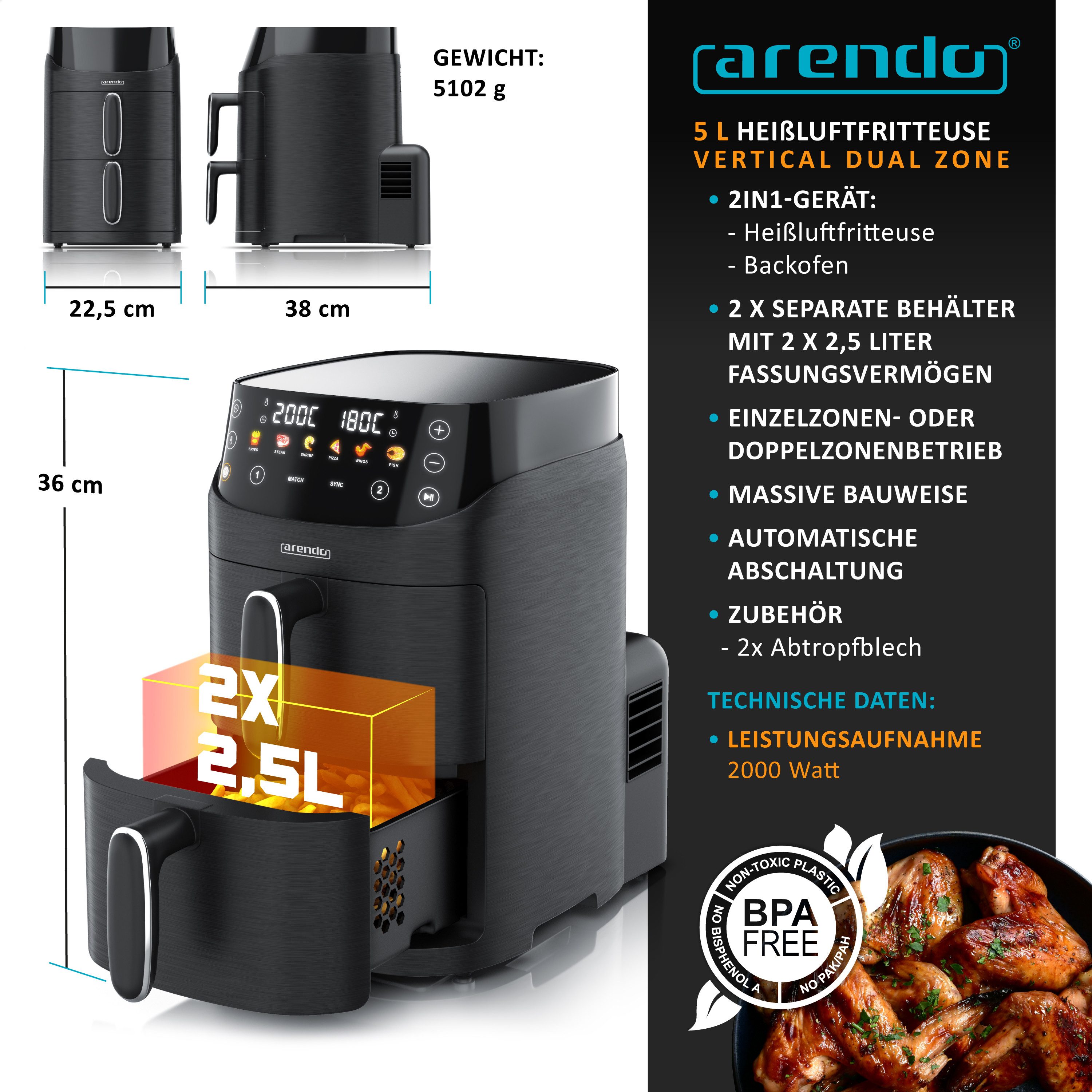Arendo Heißluftfritteuse mit 2 Kammern Übereinander, Doppelkammer Airfryer 5L, Dual Zone, 2000 W, mit Zubehör, Umluft Backofen, Edelstahl, fettarmes gesundes Ko – Bild 2 von 5