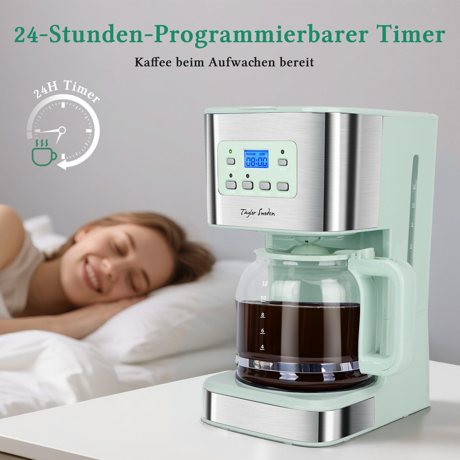 Taylor Swoden Filterkaffeemaschine 950 W, 1.5L/12 Tassen, Anti-Tropf, 24H Timer, 40 Mins Warmhaltefunktion, BPA-frei, 1.5l Kaffeekanne, Wiederverwendbarem Filter, 950W, Abschaltautomatik, BPA-frei