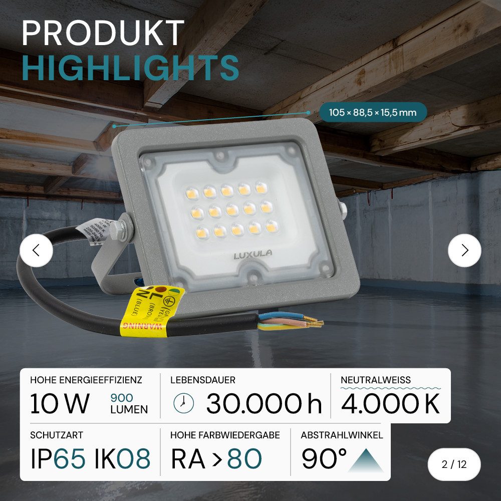 LUXULA LED Flutlichtstrahler LED-Fluter, 10 W, 4000 K (neutralweiß), 900 lm, grau, IP65, LED fest integriert, Neutralweiß