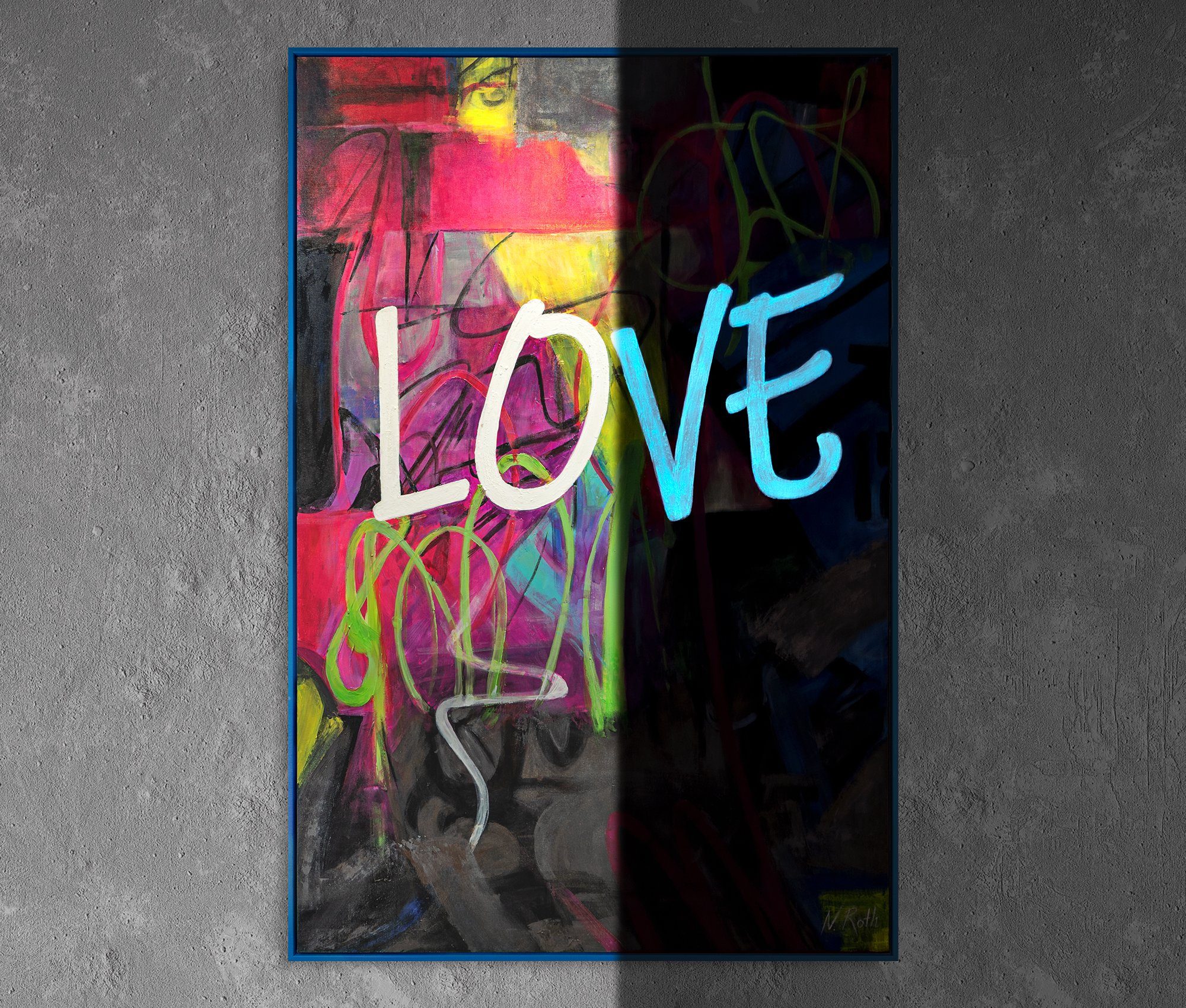 YS-Art Gemälde Love, Abstraktion Mit Rahmen in Blau