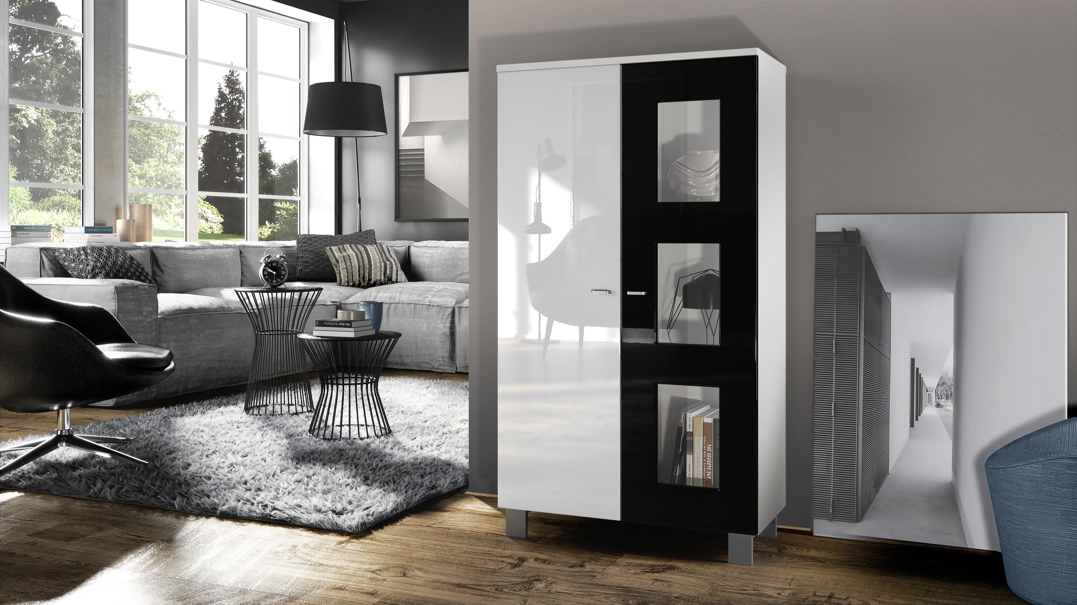 Vladon Standvitrine Denjo (Standvitrine, mit 2 Türen und 3 Glaseinsätzen) Weiß matt/ Weiß Hochglanz/ Schwarz Hochglanz (71 x 129 x 35 cm)