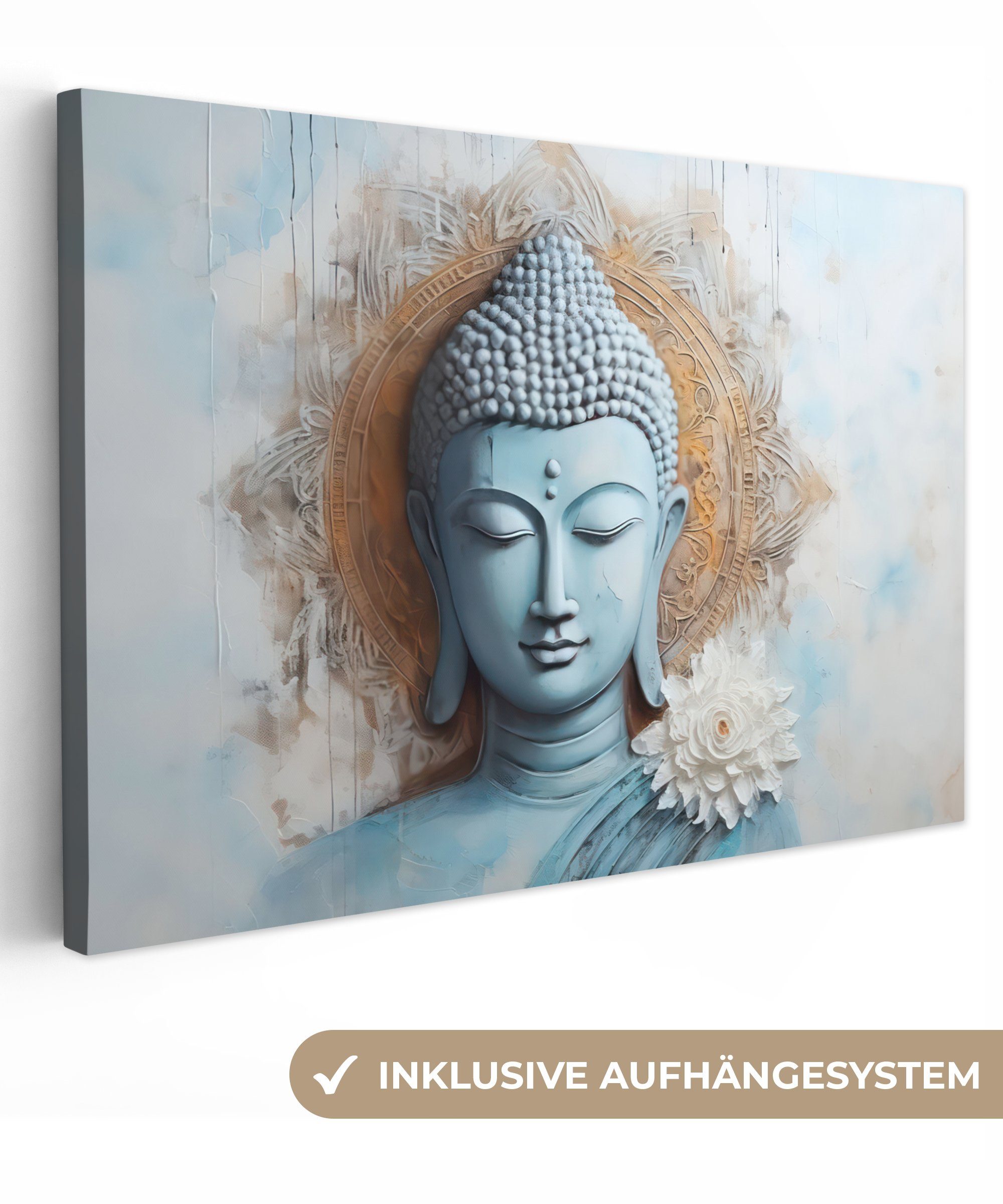 OneMillionCanvasses® Leinwandbild Buddha - Statue - Blau - Braun - Blume, F günstig online kaufen