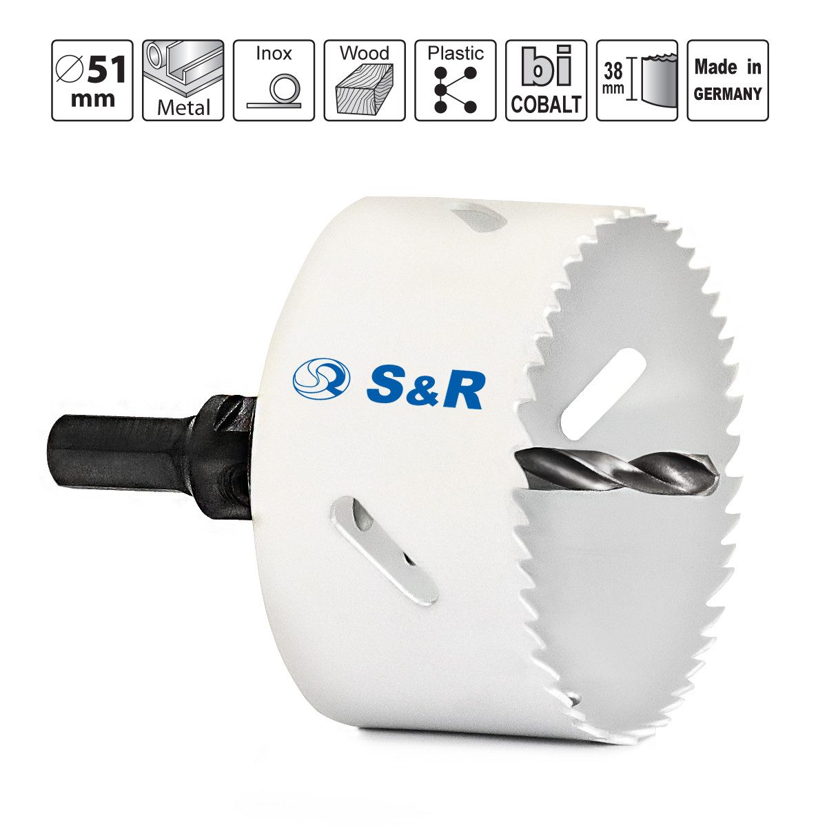 S&R Lochsäge 51 mm, universal für Holz, Metall, Kunststoff, Gipskarton, Set, 1-tlg., Lochsäge, Lochsägenhalter Sechskant, Zentrierbohre, aus HSS Bi-Metall, Kobaltleriert, Made in Germany