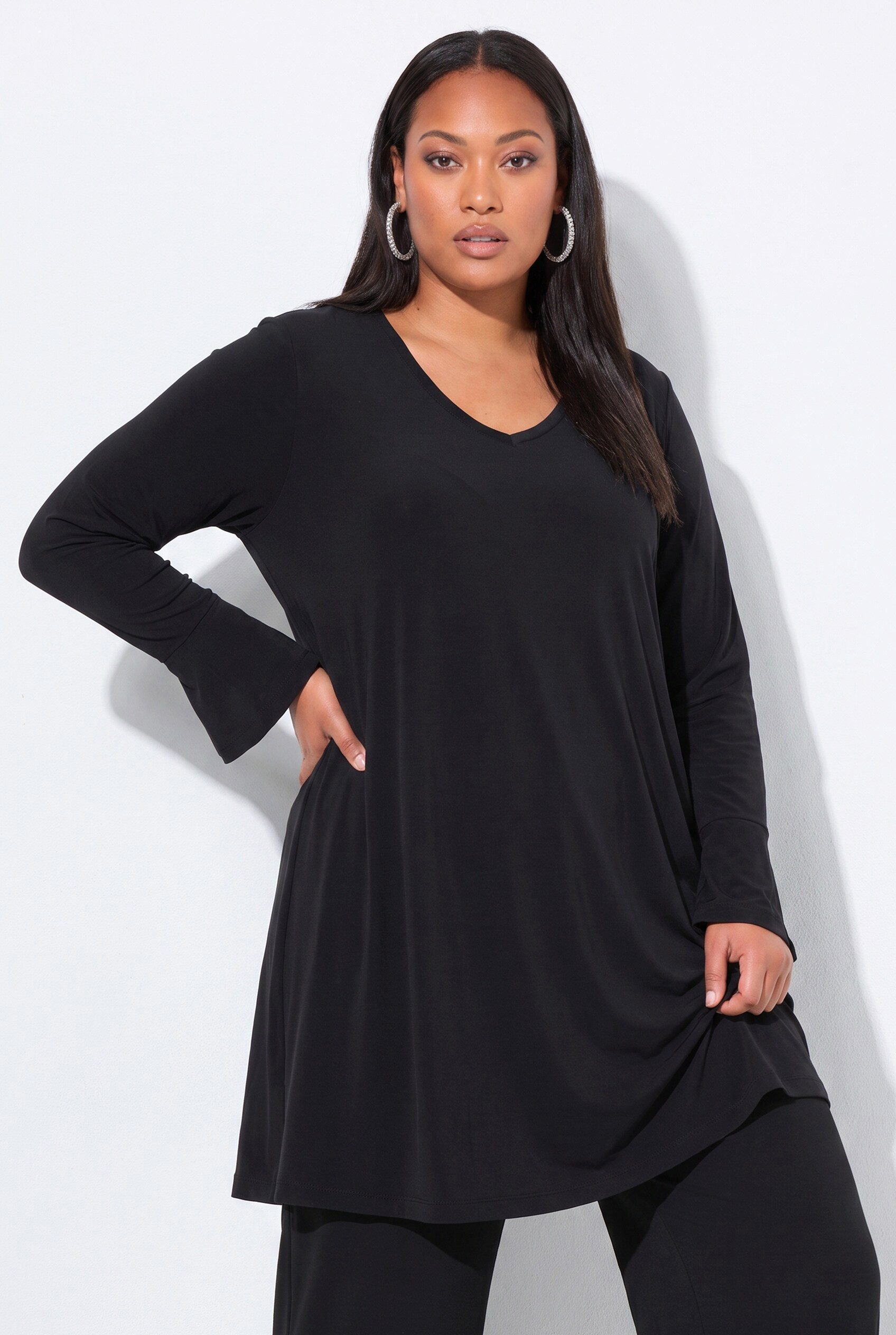 Ulla Popken Longshirt Longshirt Volantärmel A-Linie V-Ausschnitt Langarm