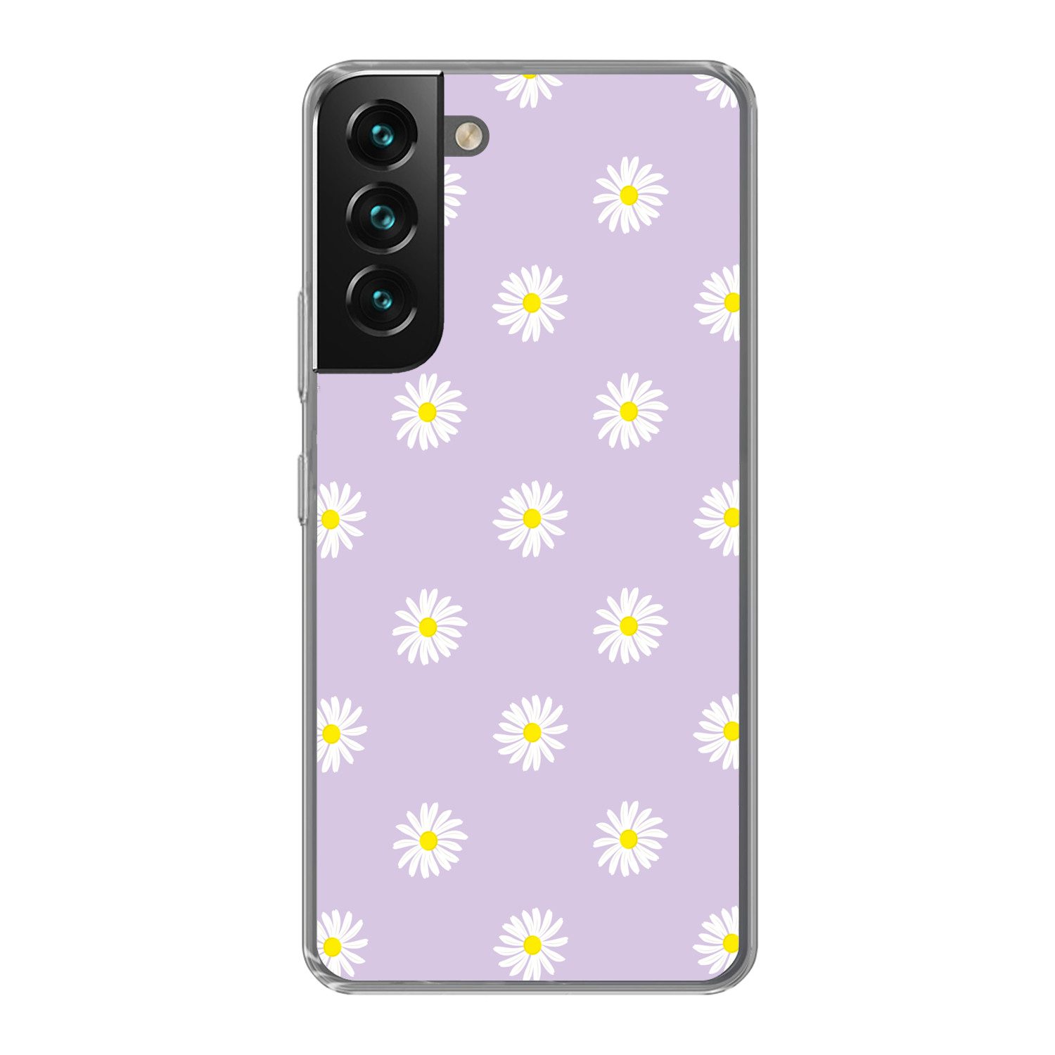 MuchoWow Handyhülle für Samsung Galaxy S22 Gänseblümchen - Pastell - Weiß - Lila - Blumen, Phone Case, Silikon, Schutzhülle Dünn