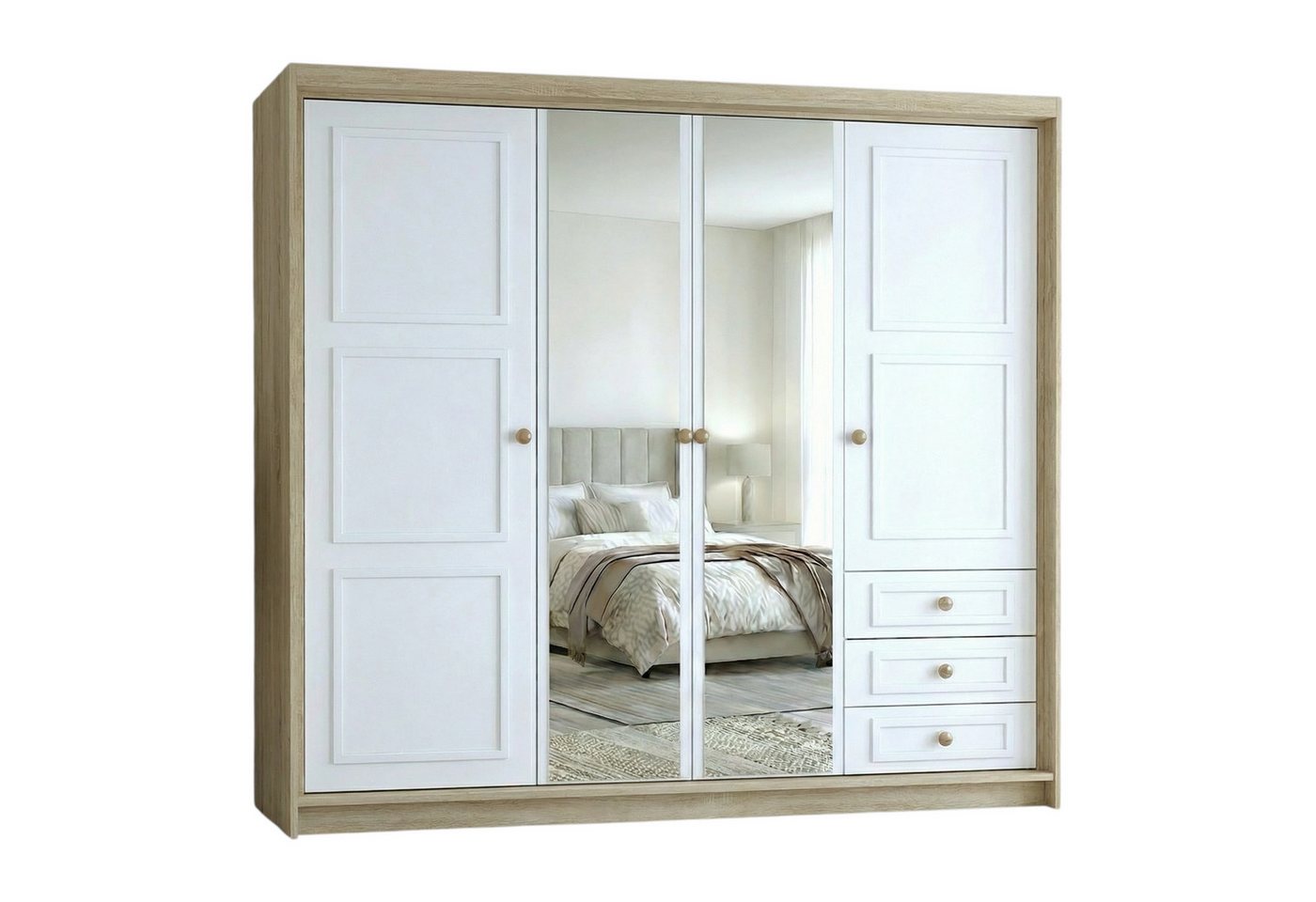 A&J MöbelLand GmbH Drehtürenschrank OSLO viertüriger Kleiderschrank mit Schubladen und Metallgriffen (Geräumiger viertüriger Kleiderschrank mit Schubladen und Metallgriffen. Geräumiger Schrank mit einer Breite von 200 cm und Schubladen, ideal zur Aufbewah
