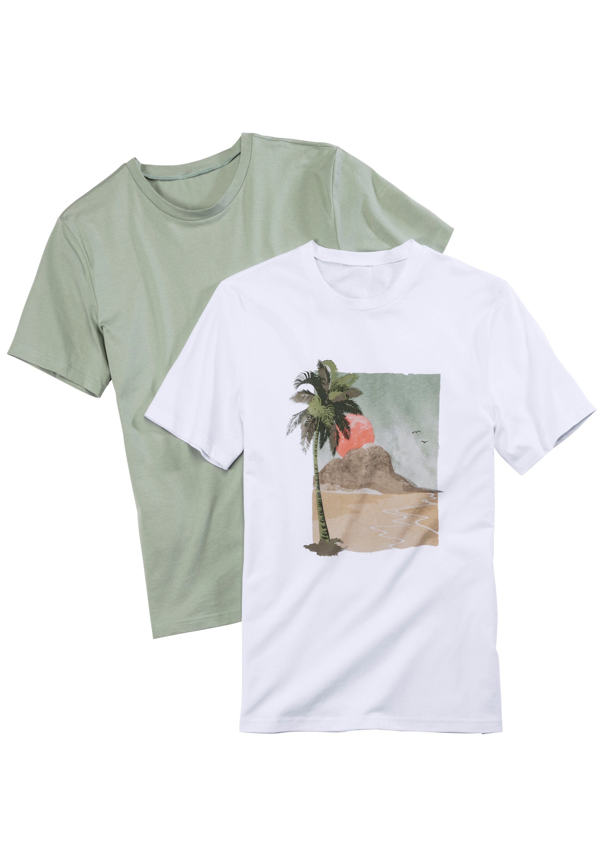 unifarben 2-tlg) T-Shirt und Beachtime (Packung, Frontdruck mit