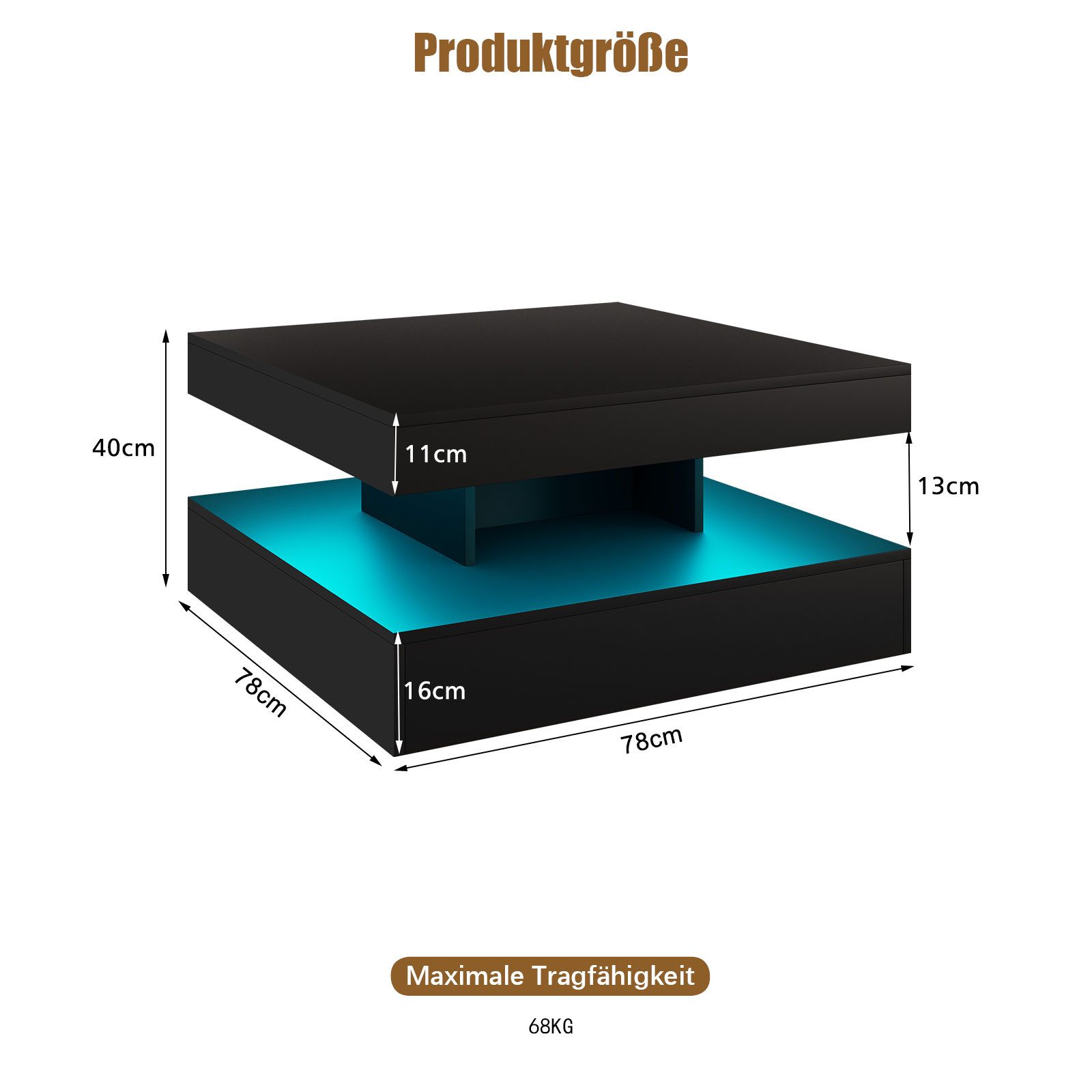 radelldar Couchtisch Quadratisch LED-Beleuchtung 2-in-1 (1-St), Moderner Wohnzimmertisch 78x78 cm mit Fernbedienung