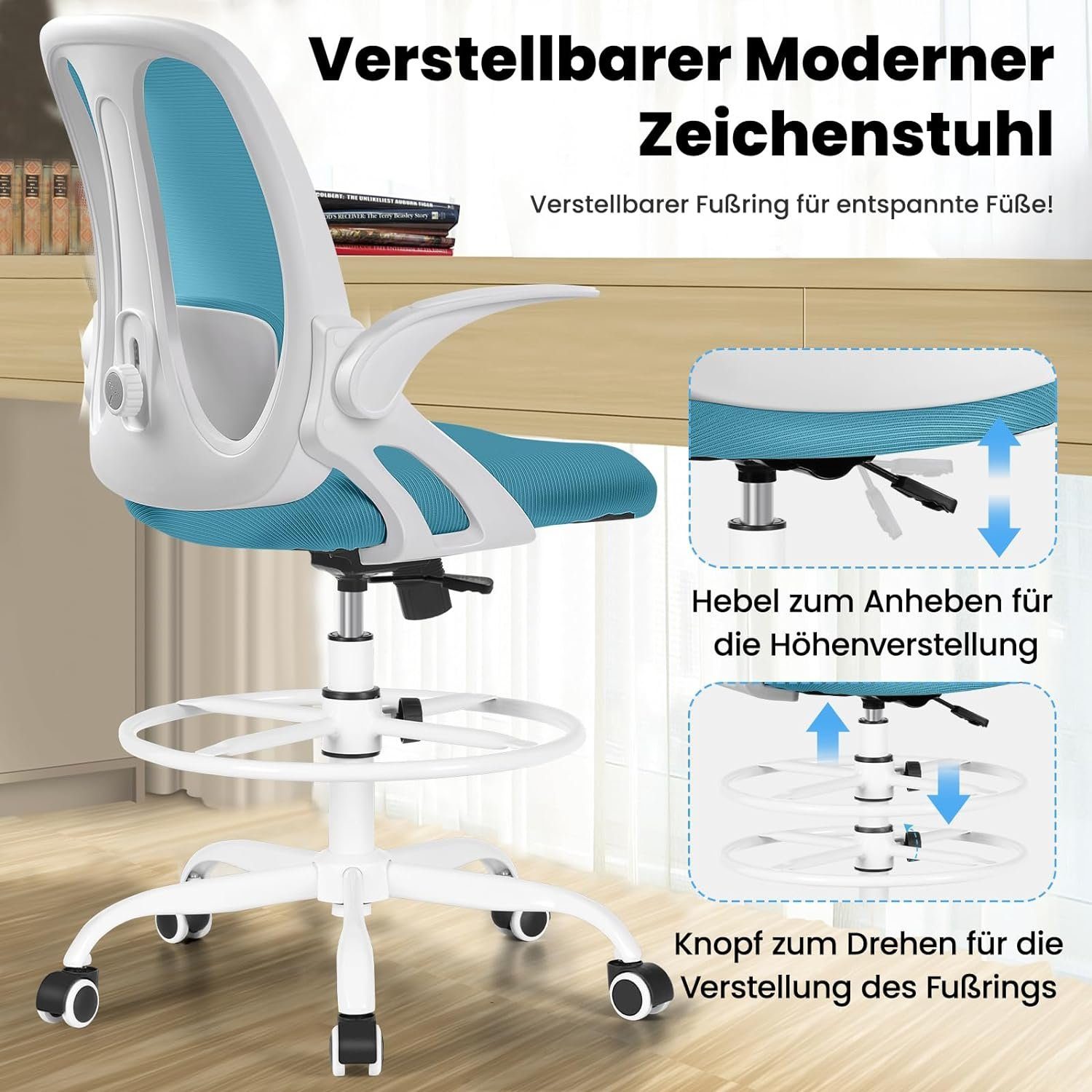 Razzor Bürostuhl (360° Drehstuhl Hoher Büro,Schreibtischstuhl mit Ergonomisch Netz), zu Armlehnen,Atmungsaktiv Arbeitsstuhl bis Fußstütze, aus 110Kg