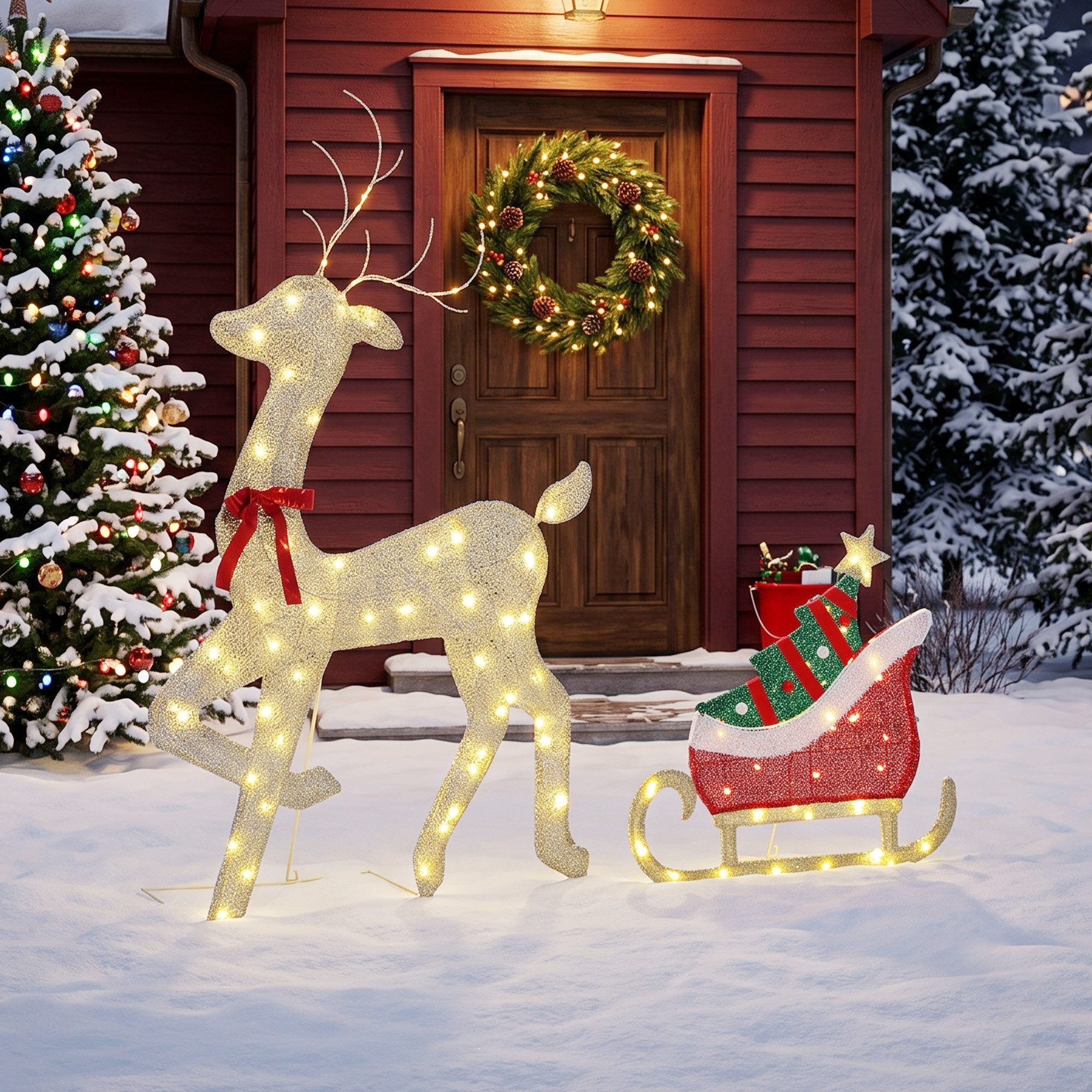 Outsunny Weihnachtsfigur Weihnachtsbeleuchtung warmweiß für Innen und Außen (Set, 1 St., 2tlg), 95 LEDs, 8 Modi, Timer, IP44, 5 m Kabel