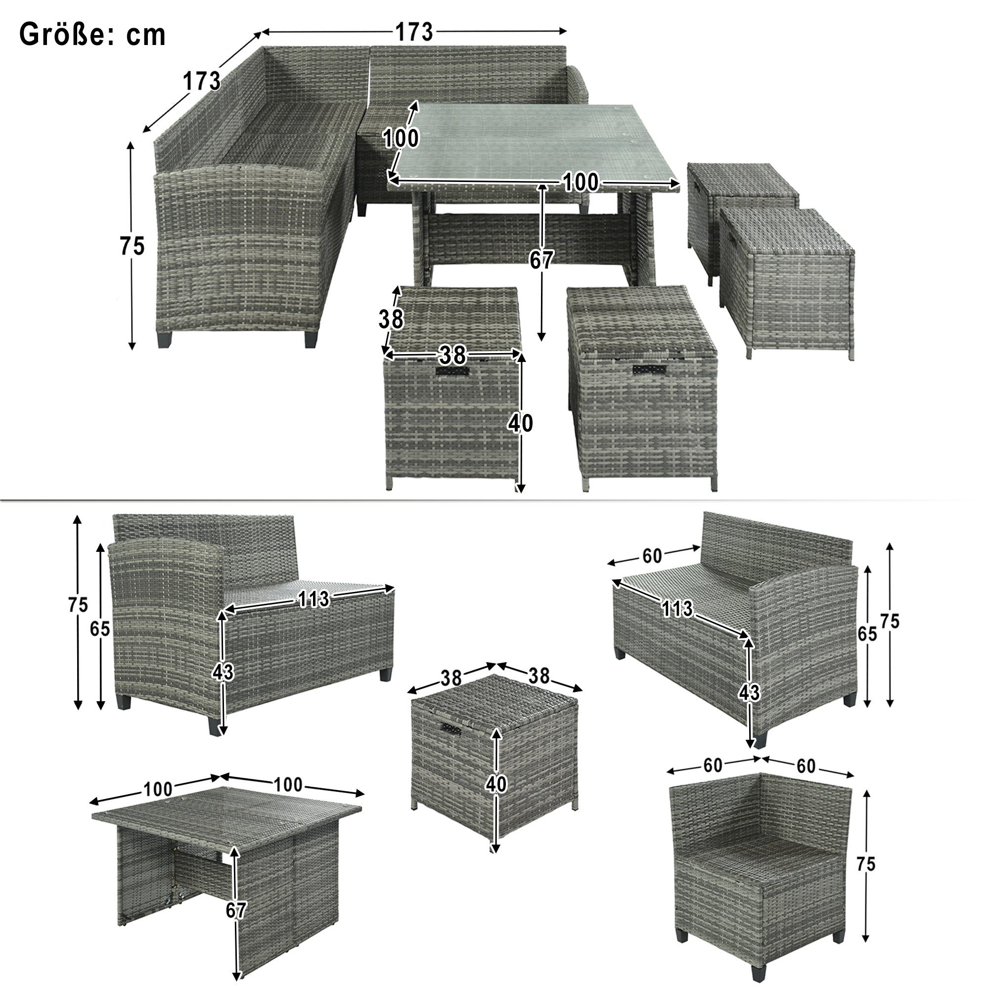 Gartenlounge-Set, (8-tlg), 2 Sofa, 4 Hocker, Tisch 100x100 cm, Polyrattan, mit Auflagen