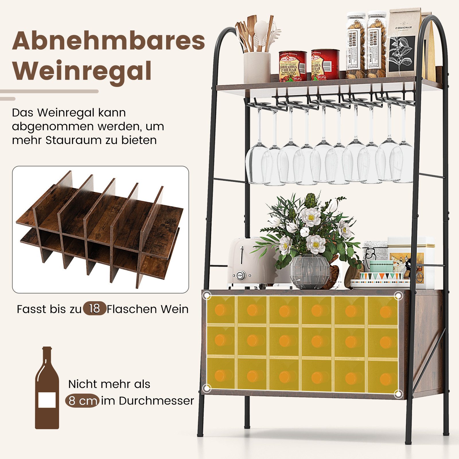 COSTWAY Weinregal, stehend, 5 Weinglashalter & Ablagen, für 18 Flaschen 115cm