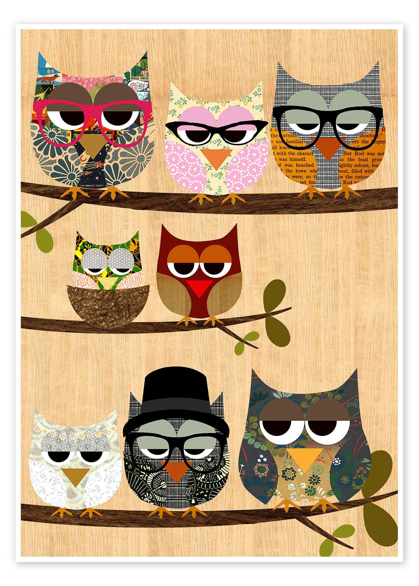 Posterlounge Wandbild Nerd-Eulen auf Zweigen - meine Freunde und ich, GreenNest, erhältlich als Poster, Leinwandbild, Wandsticker oder Acrylglasbild
