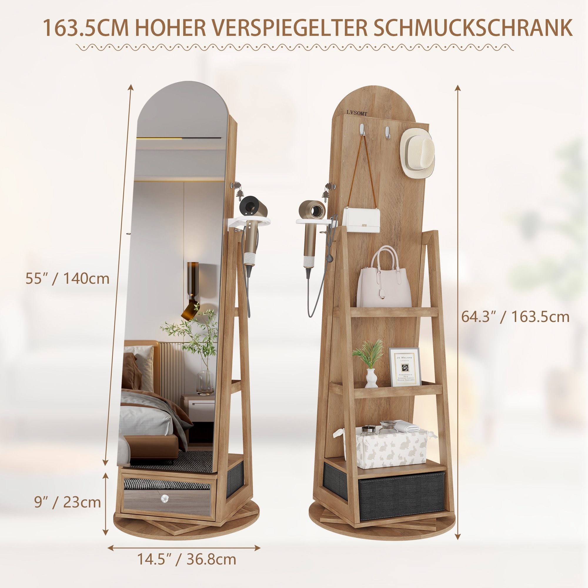 LVSOMT Schmuckschrank 360° Drehbar, LED Bogen Schmuckschrank mit Spiegel, 1 günstig online kaufen