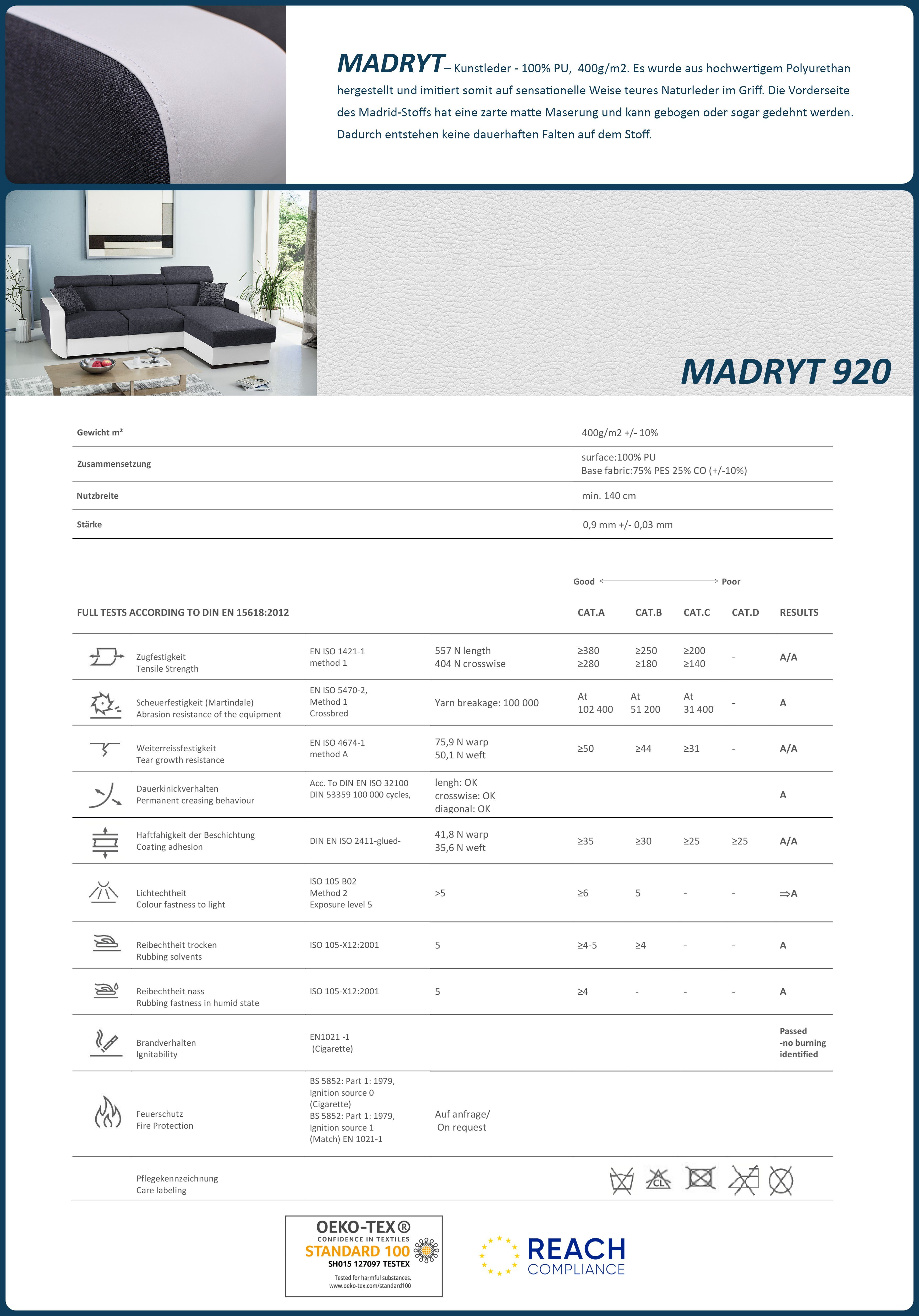 Schlaffunktion 3-Sitzer (dot + + Polstersofa und Bettkasten, Weiß Webstoff Grau + cm Sofa madryt Kunstleder, Beautysofa 95 mit MALTA, Dreisitzer aus 920) 225