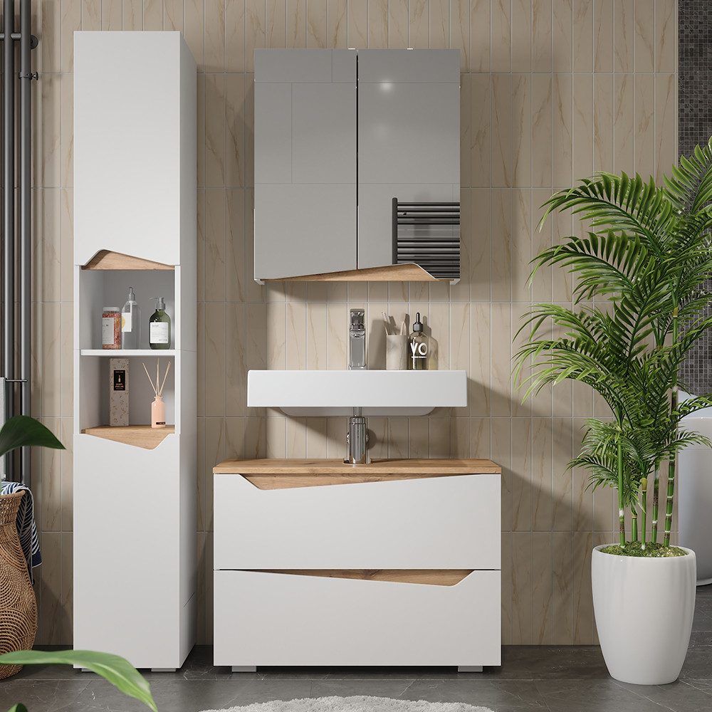 Vicco Badmöbel-Set Marelle, Weiß/Artisan, 3 Teile mit Hochschrank, (3-St., 3er Set)