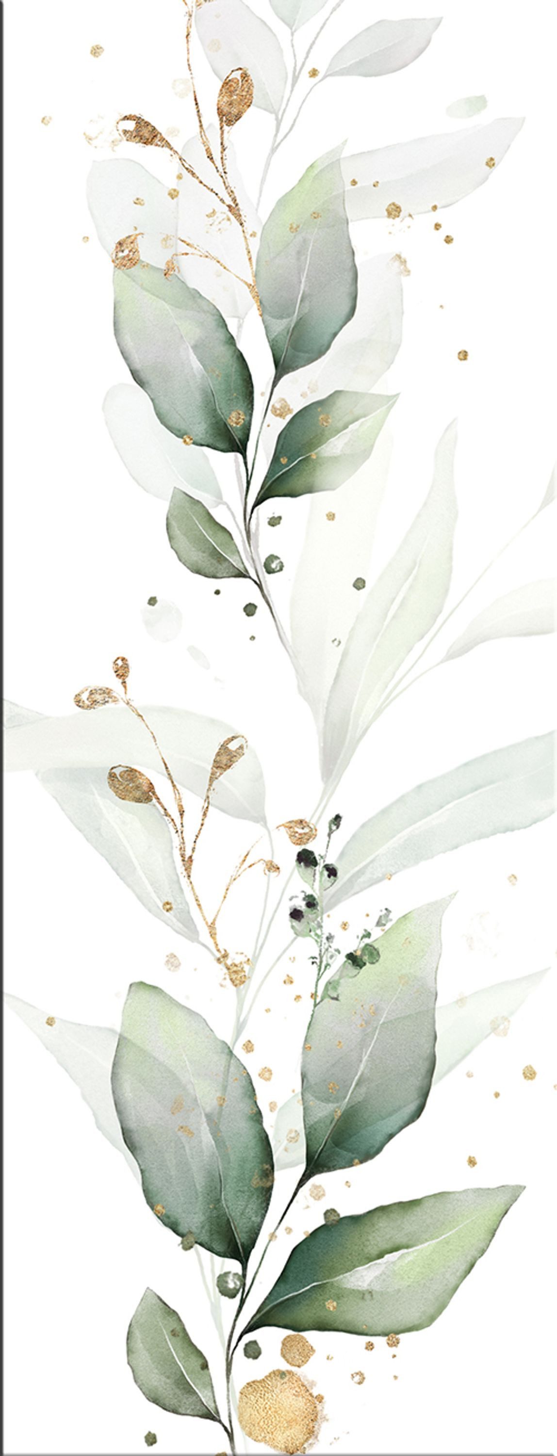 artissimo Glasbild Bild aus Glas 30x80 cm / Wandbild Hochformat / Wanddeko modern, Blumen und Blüten: Eukalyptus Aquarell in salbei-grün & gold