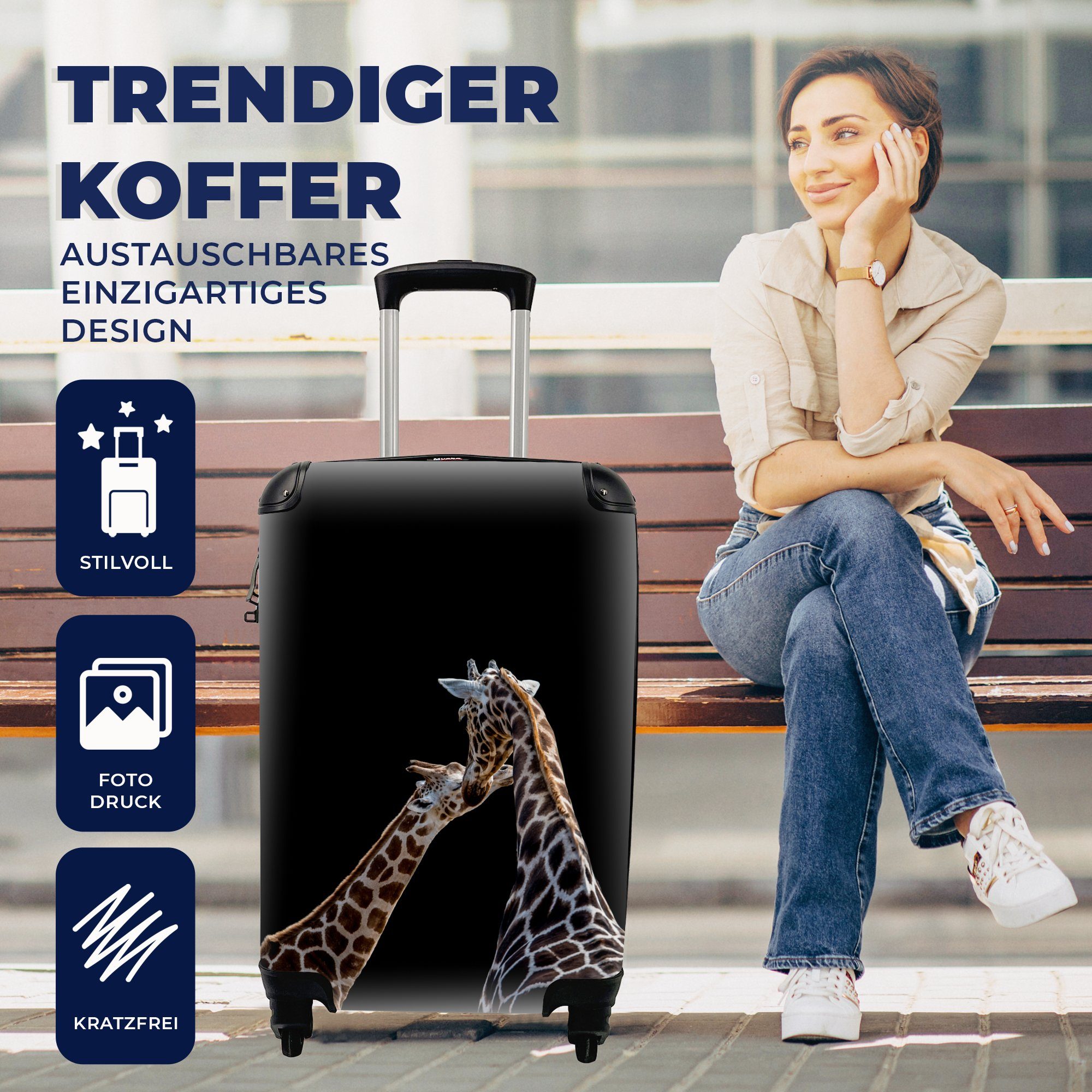 Reisetasche mit Giraffe schwarzem Mutter Reisekoffer Trolley, für 4 Baby MuchoWow Hintergrund, und Ferien, rollen, Rollen, vor Handgepäck Handgepäckkoffer