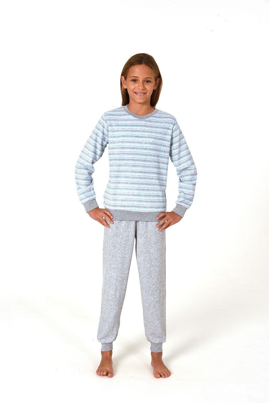 Mädchen Ringel-Optik, Schlafanzug Frottee in mit Pyjama Pyjama Bündchen Normann hellblau