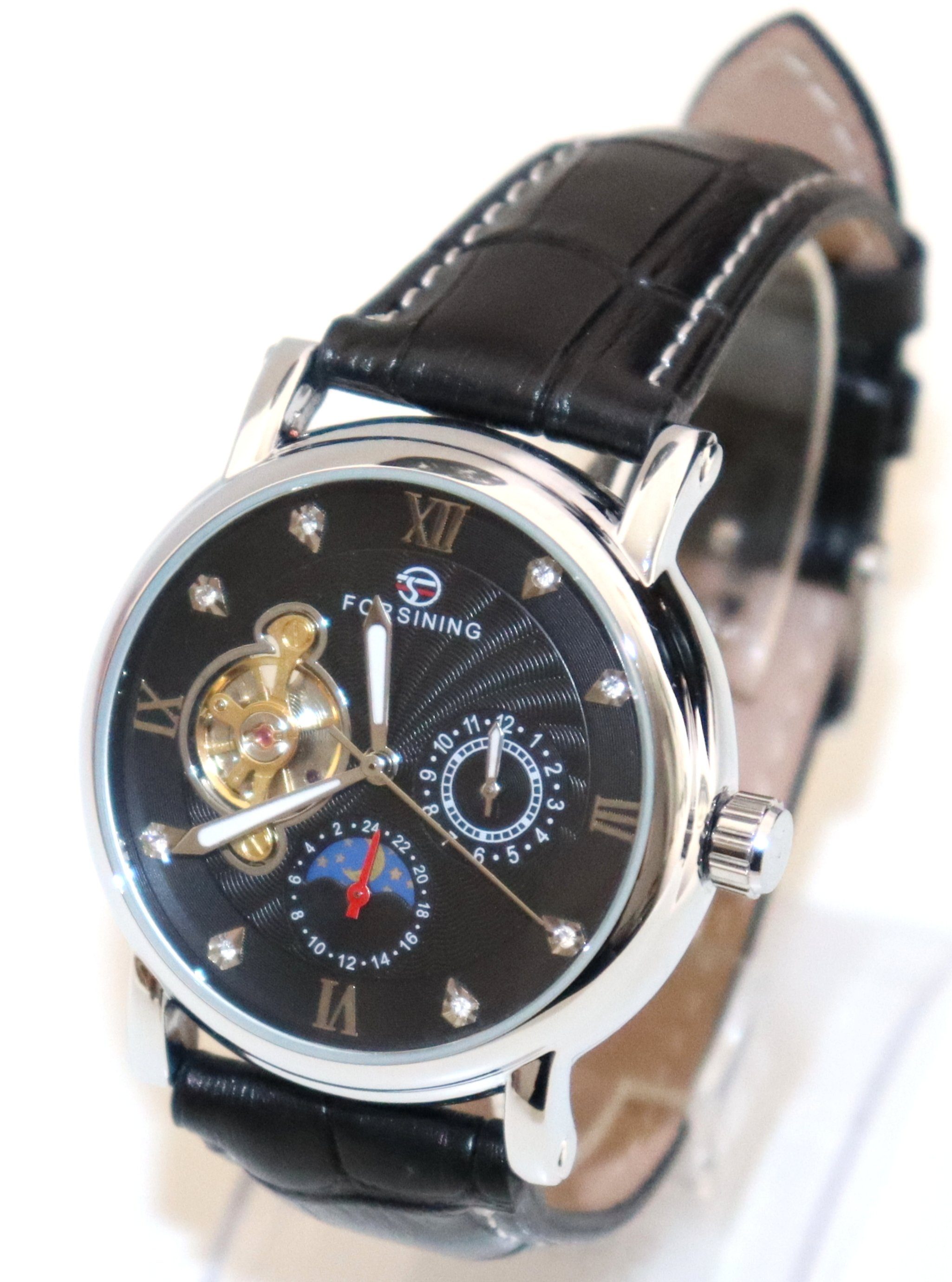 Rötting Design Automatikuhr Herrenuhr Automatikuhr Marke Forsining offene Unruhe schwarzes Ziffernblatt silberfarbenes Gehäuse Lederarmband, Tag/Nacht Phasen Anzeige