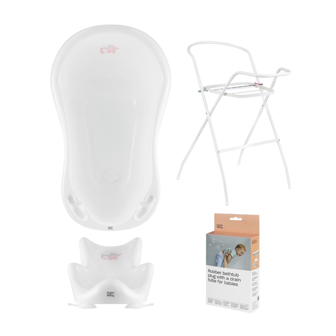 Hylat Baby Babybadewanne Badewannen-Set mit TÜV – Wanne, Sitz, Ständer, Ablauf, 4-tlg. Baby Bade-Set mit TÜV & Ablauf, Friends - Weiß