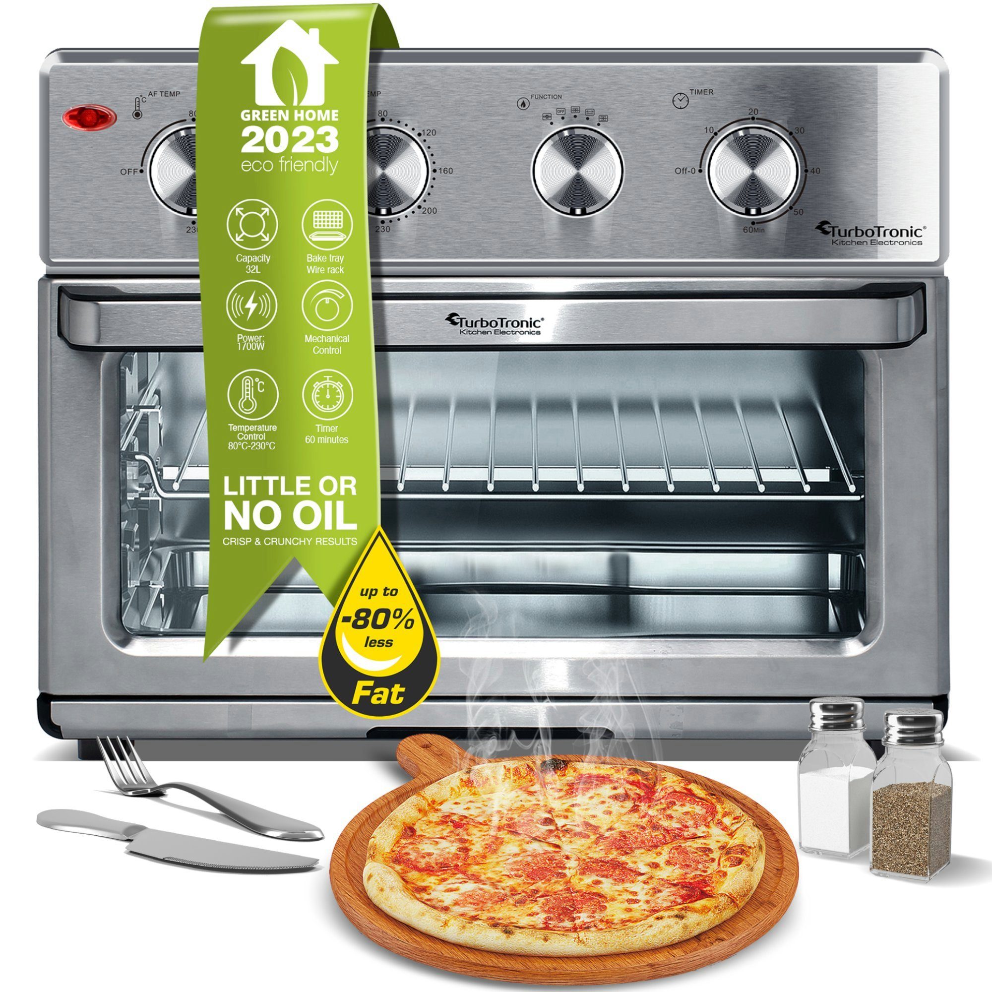 TurboTronic by Z-Line Minibackofen XXL 32 Liter mit Drehspieß für Hähnchen 4in1 Mini Backofen, Power Heißluftfritteuse Airfryer ab 80°C AF32MRD silber