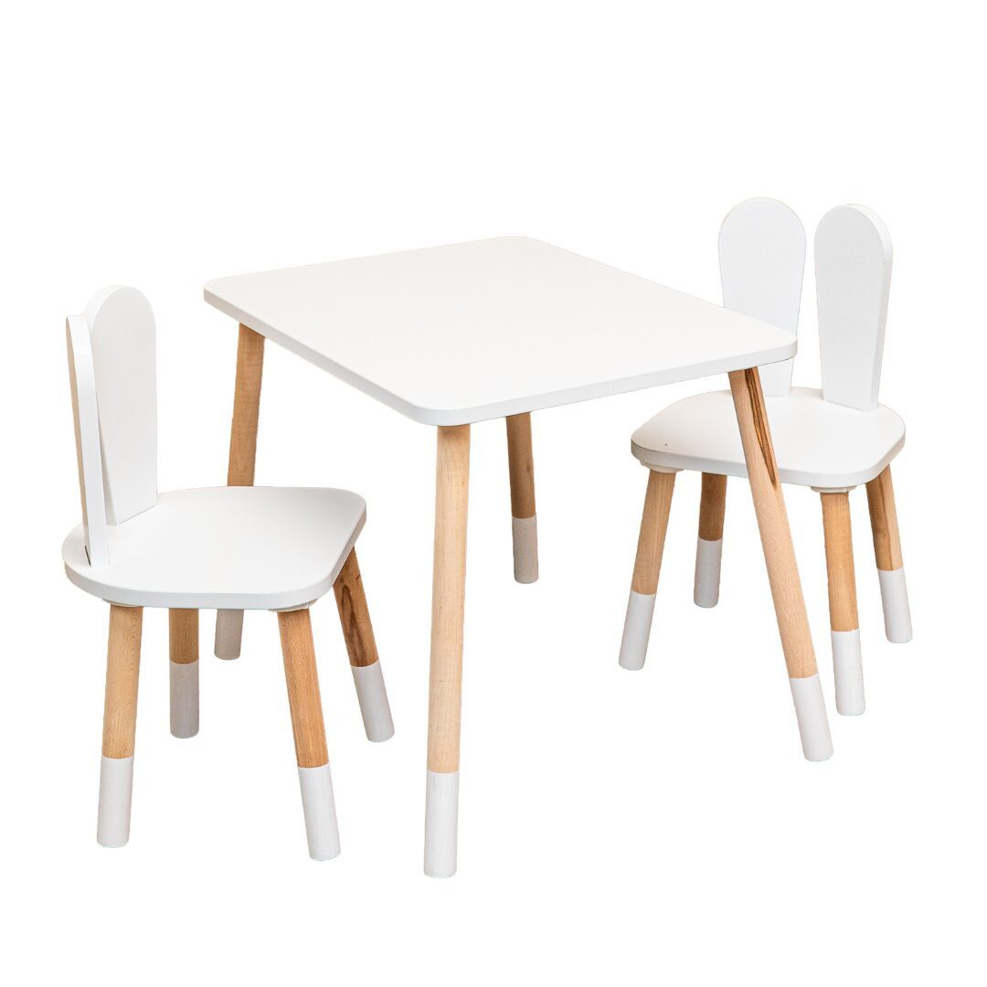 COZYCOLLECTIONS Kindersitzgruppe Kindertisch-Set mit Tiermotiv-Stühlen aus Naturholz, (Kindertisch-Set, 3-tlg., 3-teilig (1 Tisch + 2 Stühle), Montessori-Design: fördert Selbstständigkeit, Ordnung & Kreativität