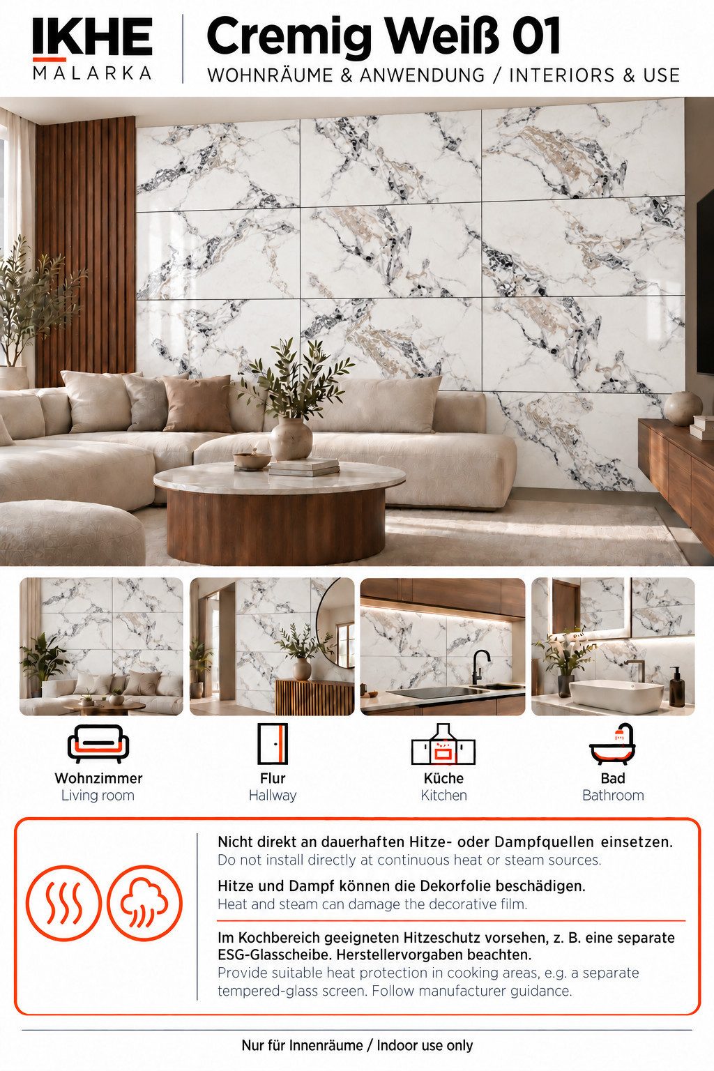 IKHEMalarka Wandpaneel Marmoroptik – Hochwertige PVC Wandverkleidung, BxL: 60x120 cm, 0,72 qm, (0,72m², 1 Stück) Alternative zu Fliesen & Marmor – Bild 3 von 5