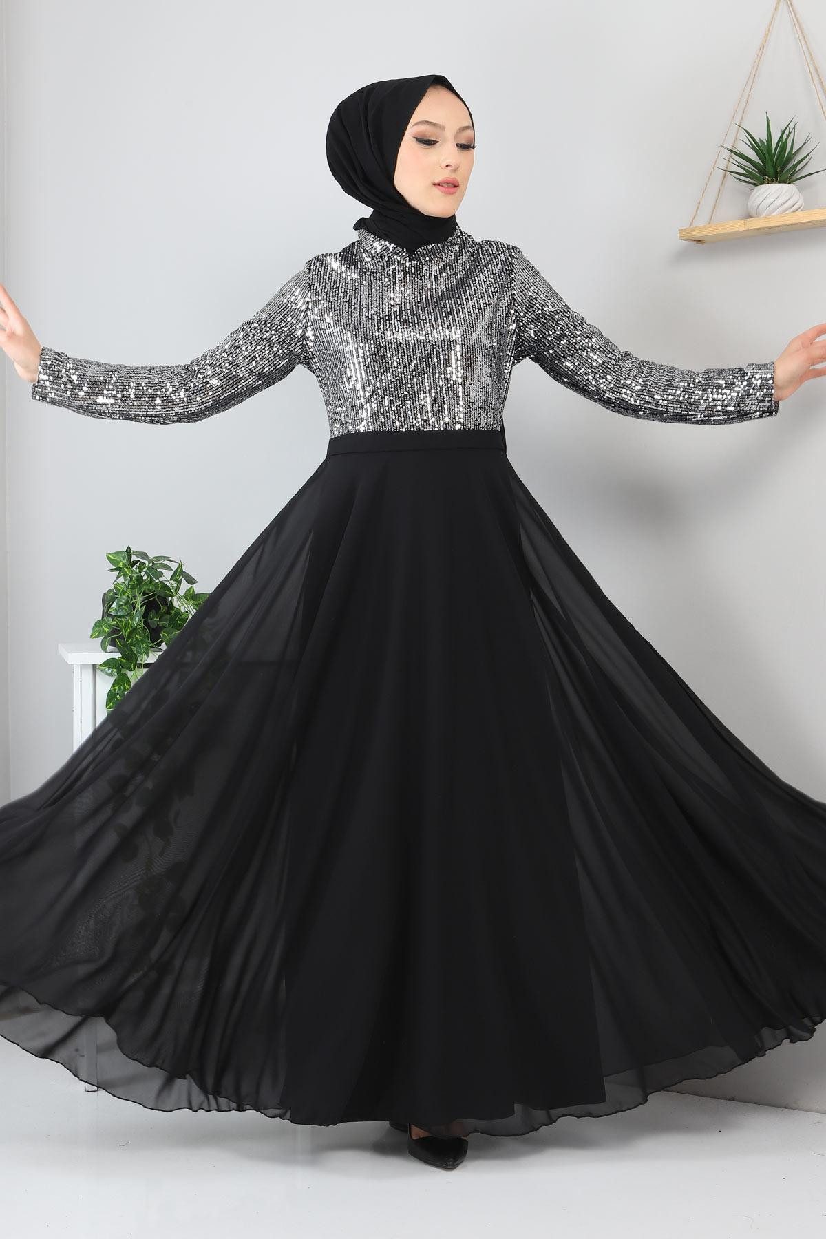 MODAMİHRAM Abendkleid Silber Chiffon Abendkleid - MSW8940