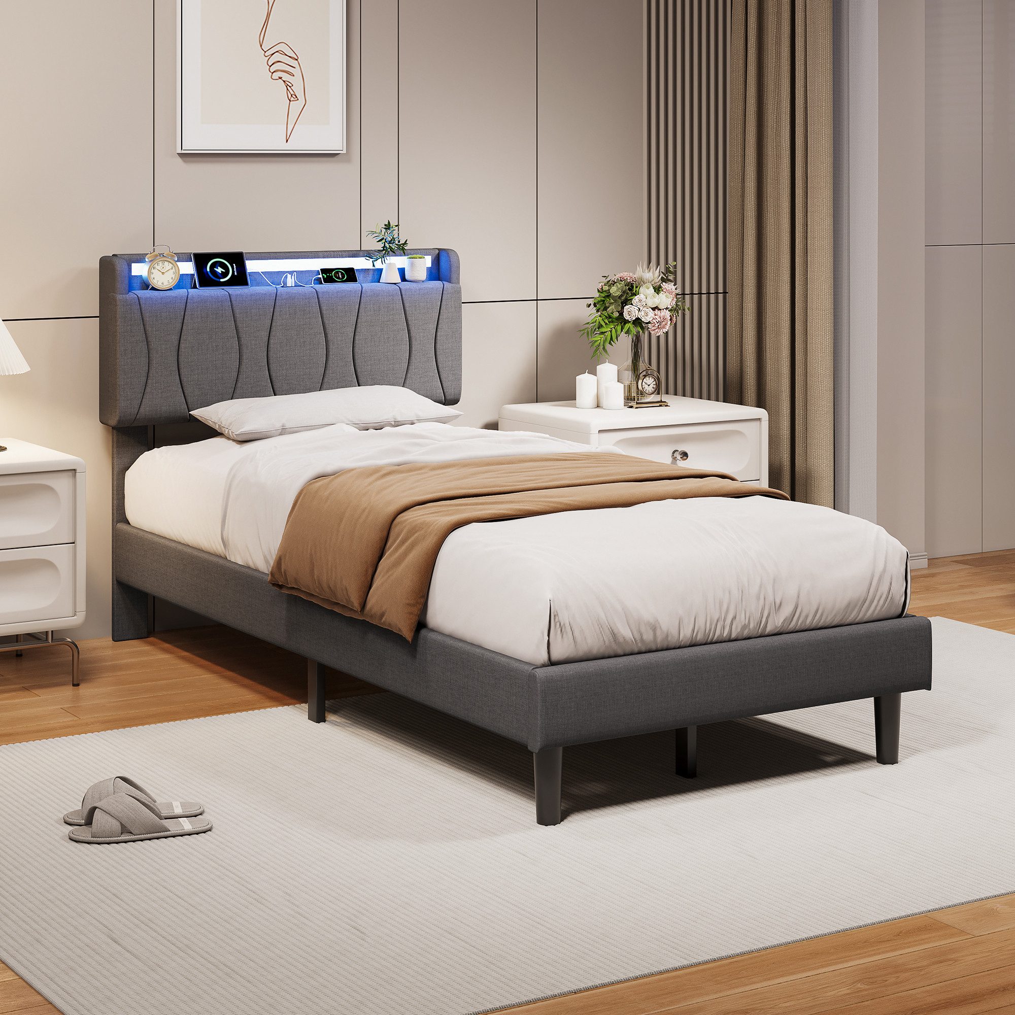 Gdood Polsterbett Doppelbett Stauraumbett mit LED (Leinen material mit RGB Streifen), Modernes Jugendbett, Leises Design Bett, Mit Ladefunktion