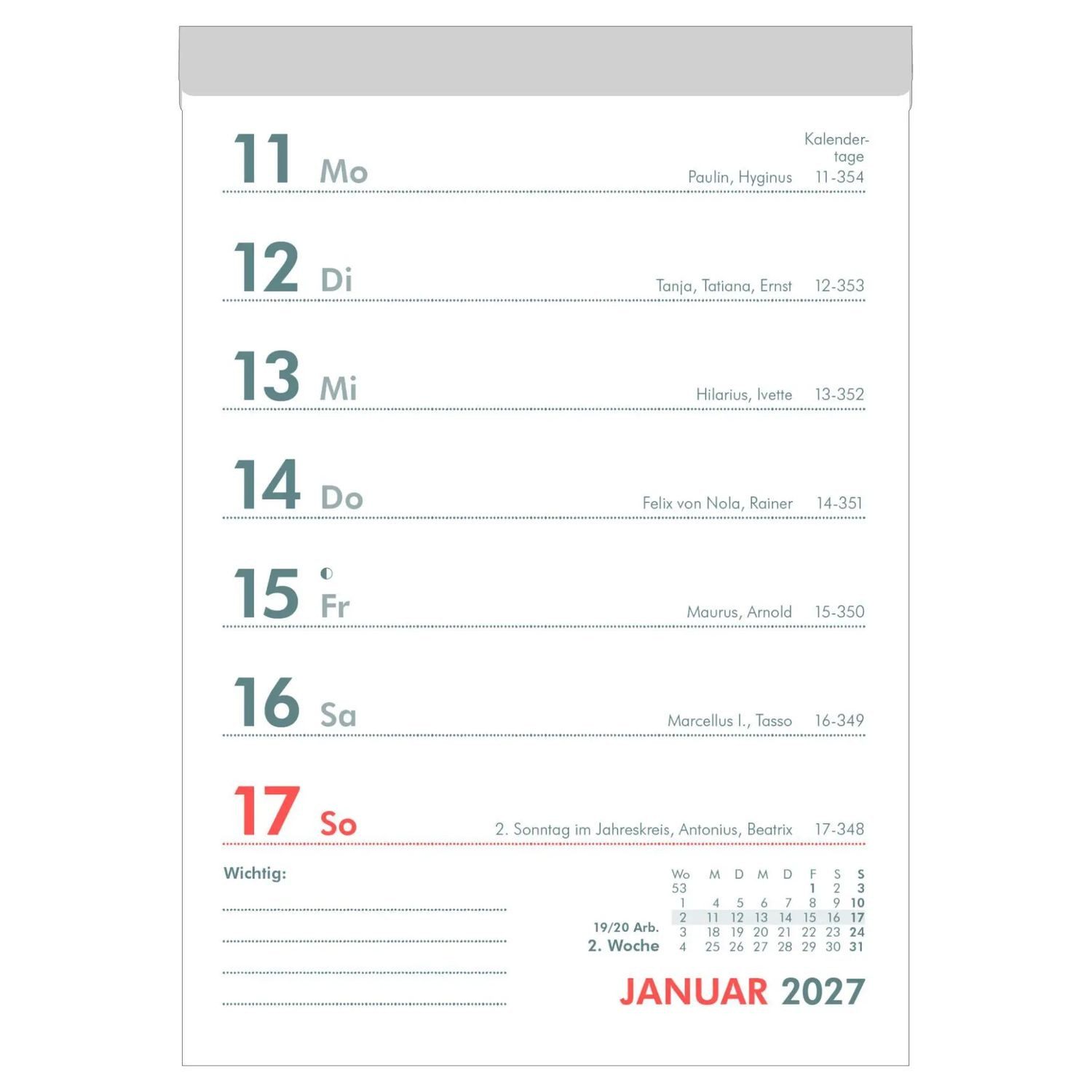 Wandkalender Wochenabreißkalender 2027
