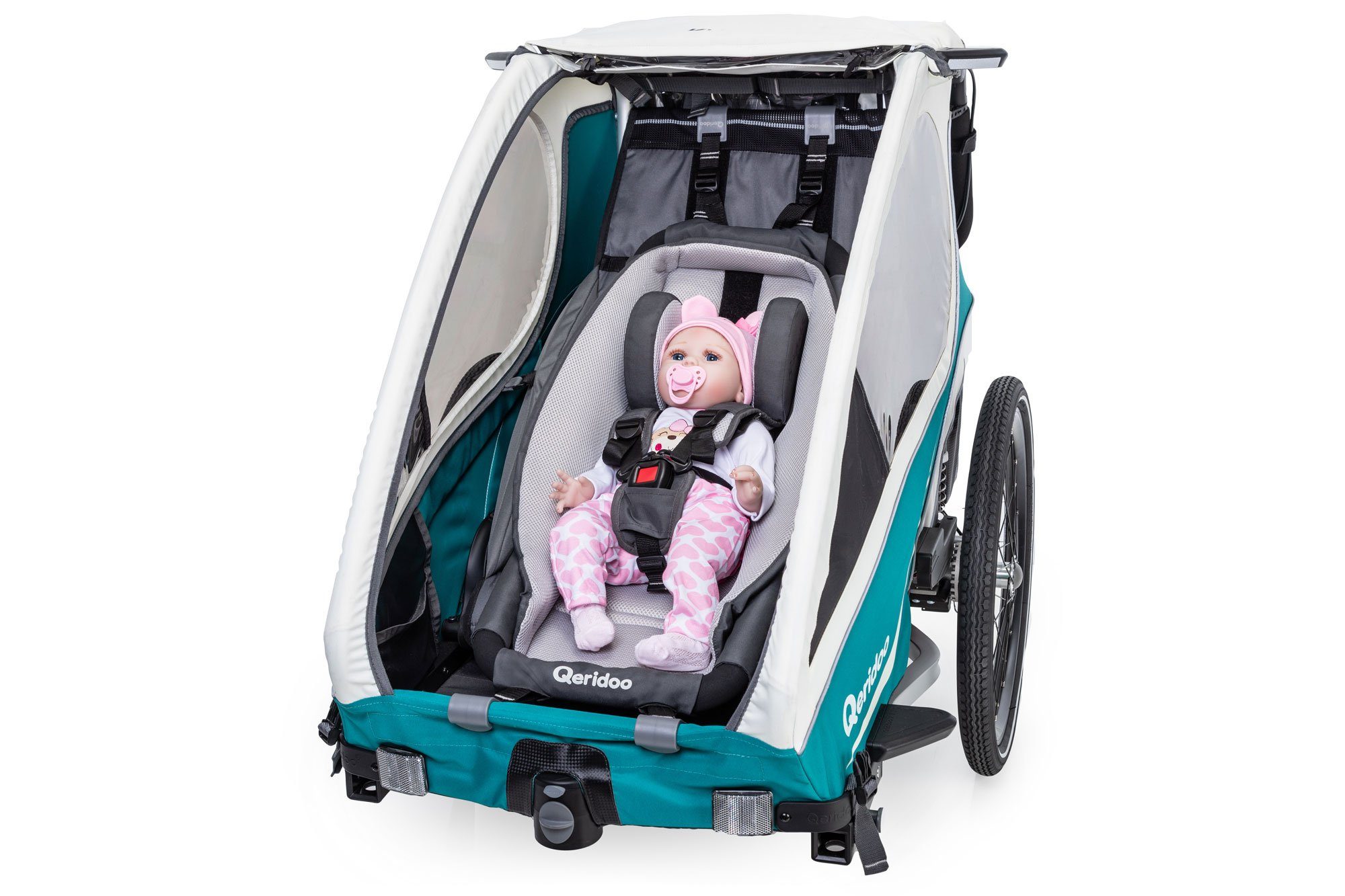Fahrradkinderanhänger Qeridoo Hängematte Plus mit Sicherheitsrahmen für Babytransport