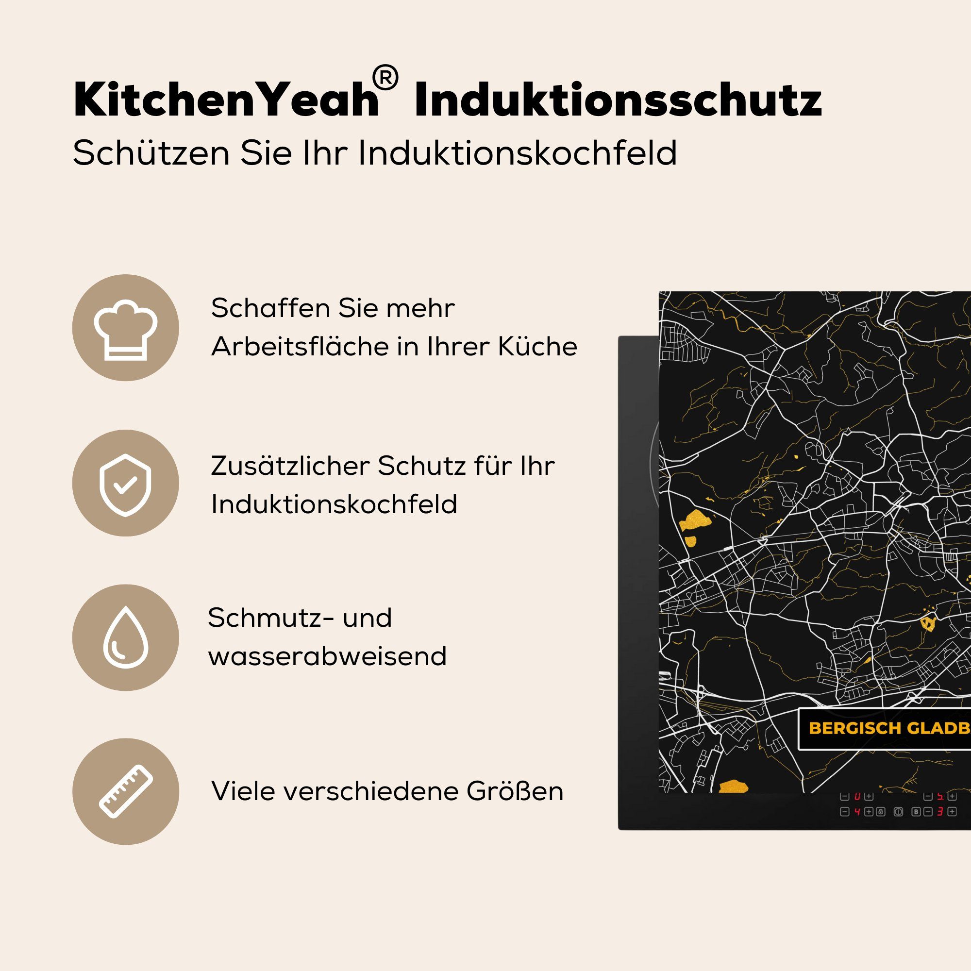tlg), Karte - - Gladbach Deutschland, küche - (1 - Vinyl, MuchoWow Stadtplan 78x78 Herdblende-/Abdeckplatte Bergisch Gold cm, Ceranfeldabdeckung, für Arbeitsplatte