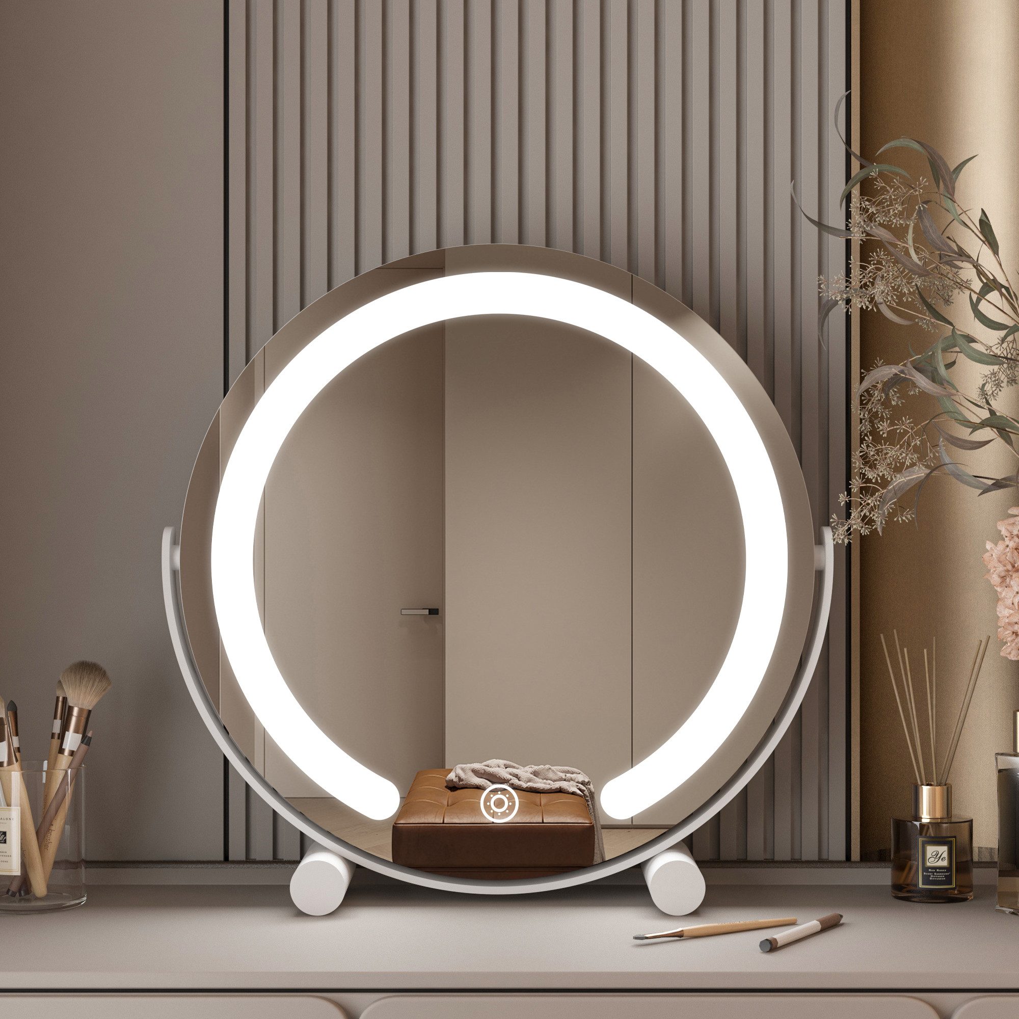 WDWRITTI Косметички LED Зеркало для макияжа 3Lichtfarben Helligkeit dimmbar Touch Tischspiegel (Make Up Spiegel Rund, 360° Drehbar), Umweltschutz Spiegel, energiesparender