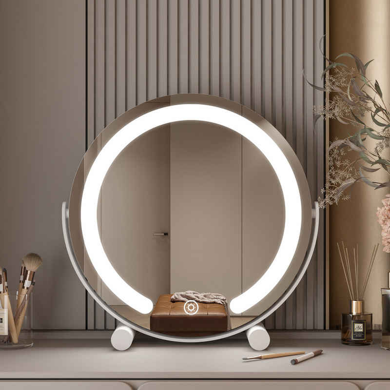 WDWRITTI Kosmetikspiegel LED Schminkspiegel 3Lichtfarben Helligkeit dimmbar Touch Tischspiegel (Make Up Spiegel Rund, 360° Drehbar), Umweltschutz Spiegel, energiesparender