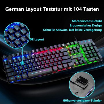 ZIYOU LANG Gaming mit Handballenauflage, QWERTZ Deutsches Layout Regenbogen Tastatur- und Maus-Set, Ergonomische Keyboard6Tasten 2400DPI Maus,Mauspad für Windows Mac PS4