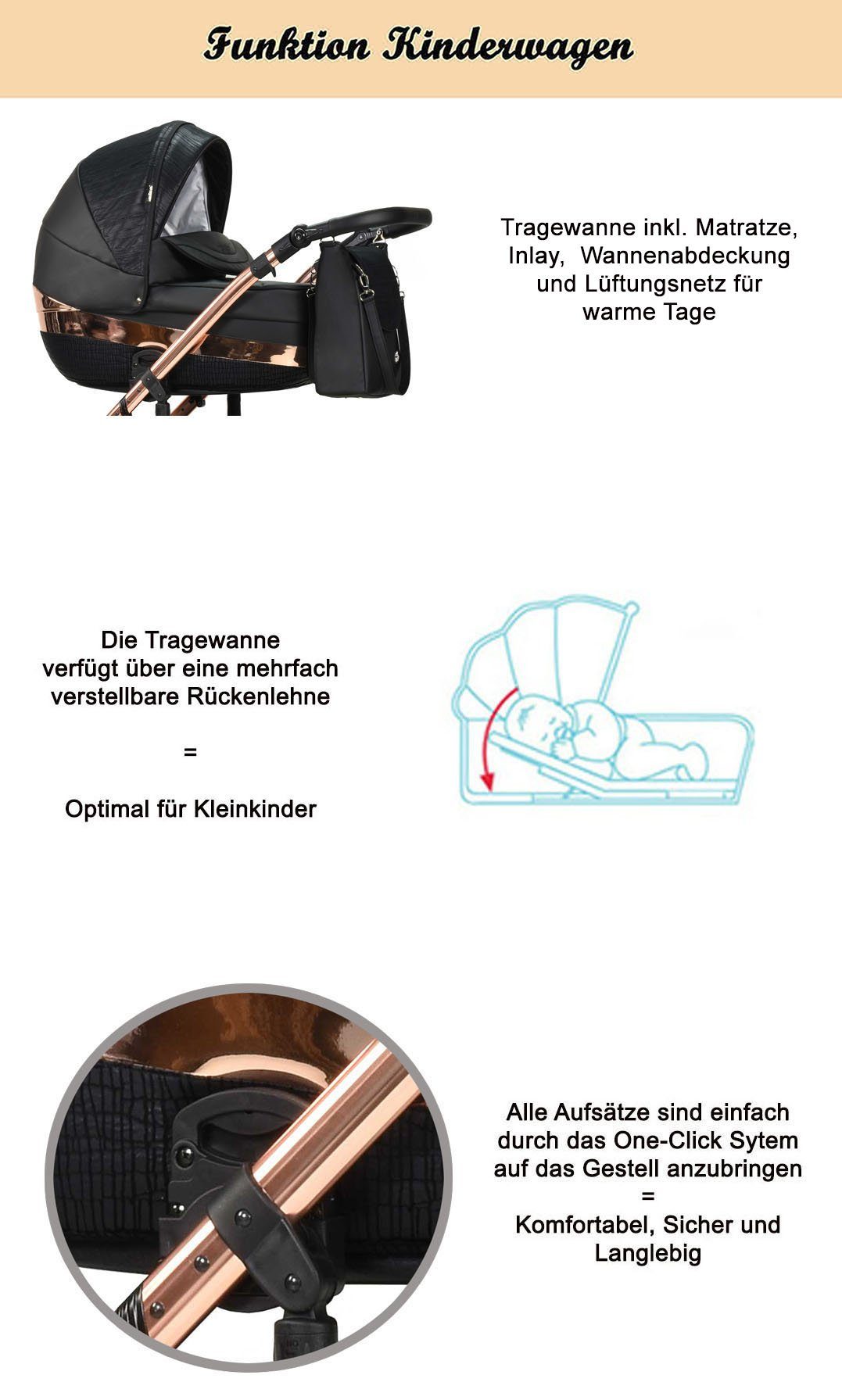 BabyMerc Kombi-Kinderwagen Vip Lux 4 in 1 inkl. Sportsitz, Autositz und Zubehör in 21 Farben