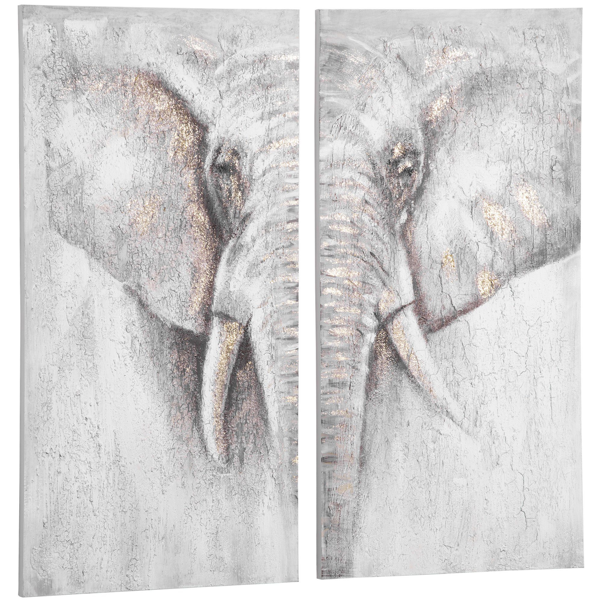 HOMCOM Wandbild Gemälde 2er-Set Handgemalt Leinenwand Wanddekoration Leinwand, Tiere (Canvas Wand Art 'Elefant, 2 St), Kiefernholz 120cm x 120cm x 2,8cm