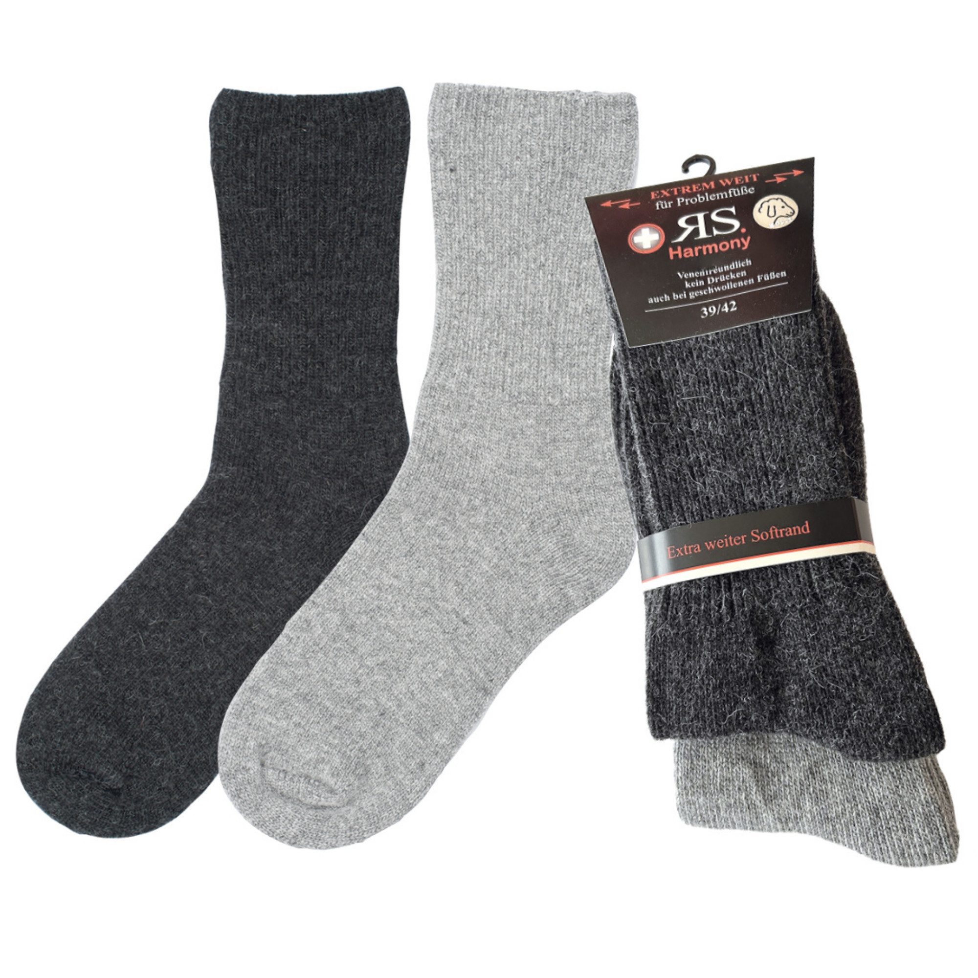 RS Harmony Diabetikersocken Wollsocken extrem weit mit Alpakawolle 2 Paar (Packung, 2 Paar: 1 Paar Hellgrau, 1 Paar Dunkelgrau) Extrem weiter, dehnbarer Softrand; fester Hellgrau-Dunkelgrau-Mix