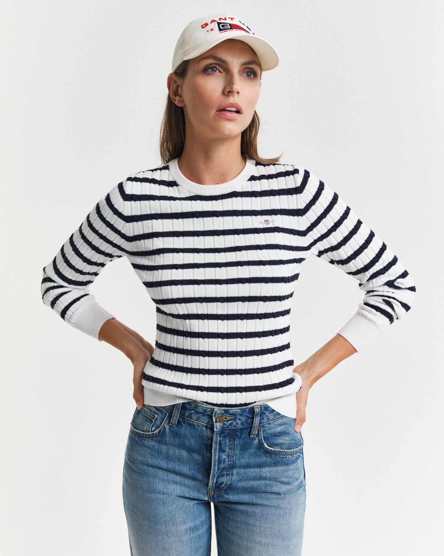 Gant Rundhalspullover STRETCH COTTON CABLE STRIPE C-NECK günstig online kaufen
